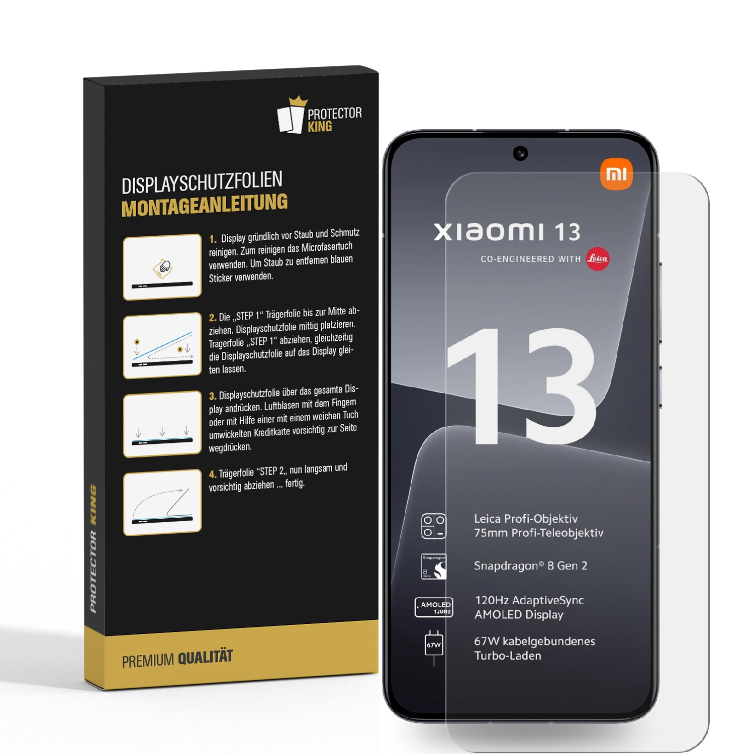 Displayschutzfolie mit Anweisungen neben einem Xiaomi 13 Telefon.