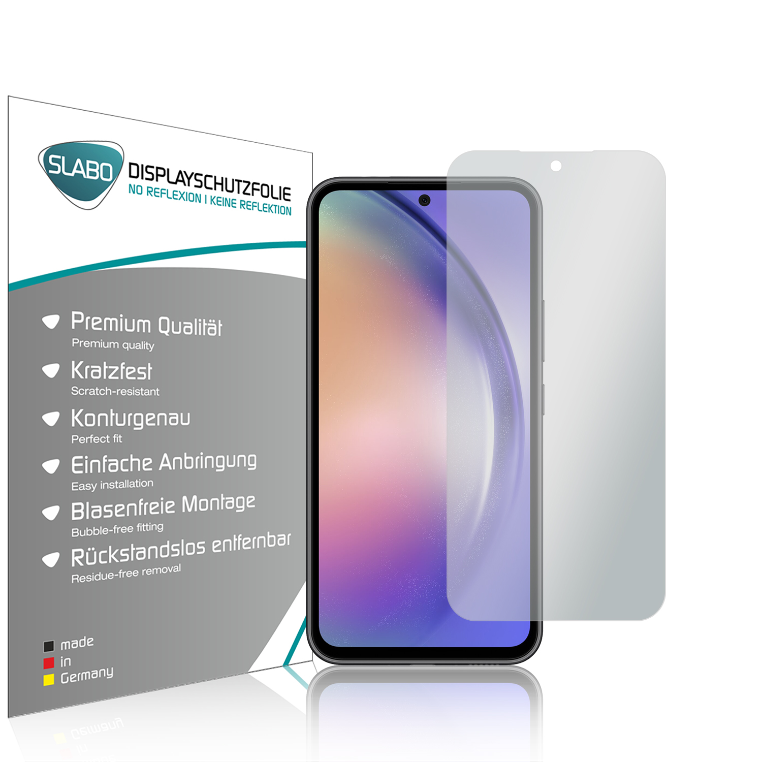 Smartphone-Displayschutzfolie mit Telefon und Verpackung, Merkmale werden gezeigt.