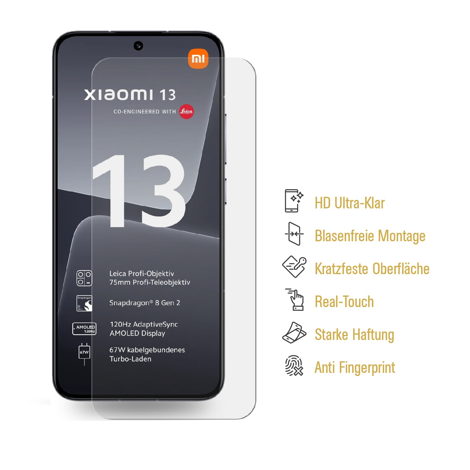 Smartphone mit angebrachter Displayschutzfolie, Text und Symbole sind auf dem Bildschirm.