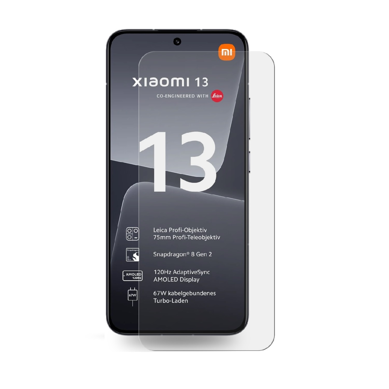 Xiaomi 13 Smartphone mit Displayschutz. Merkmale: Leica, 120Hz, AMOLED, 67W Turbo Charging.