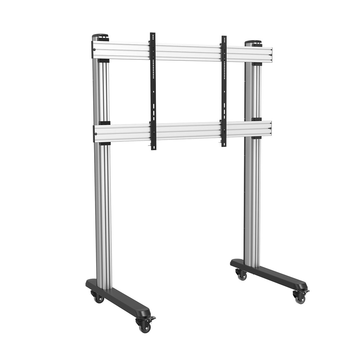 Supporto TV argentato su ruote con base nera e supporti verticali.