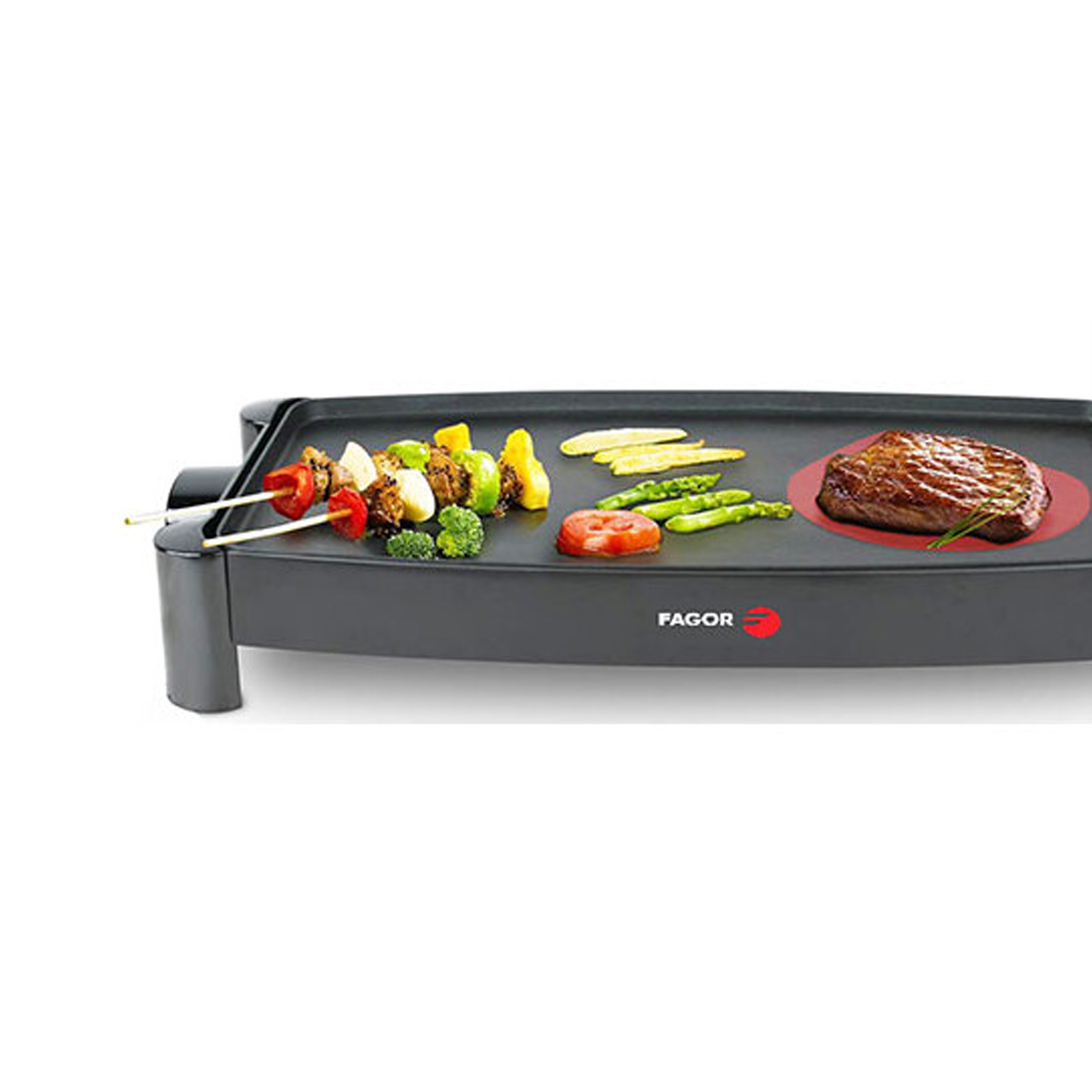 Griglia elettrica con carne cotta, verdure e logo Fagor.