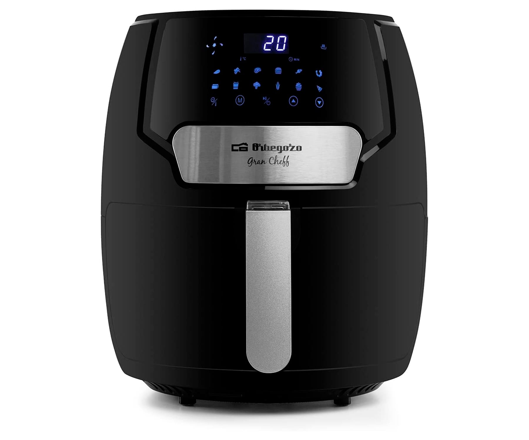 Czarna frytkownica beztłuszczowa z wyświetlaczem cyfrowym i panelem sterowania.