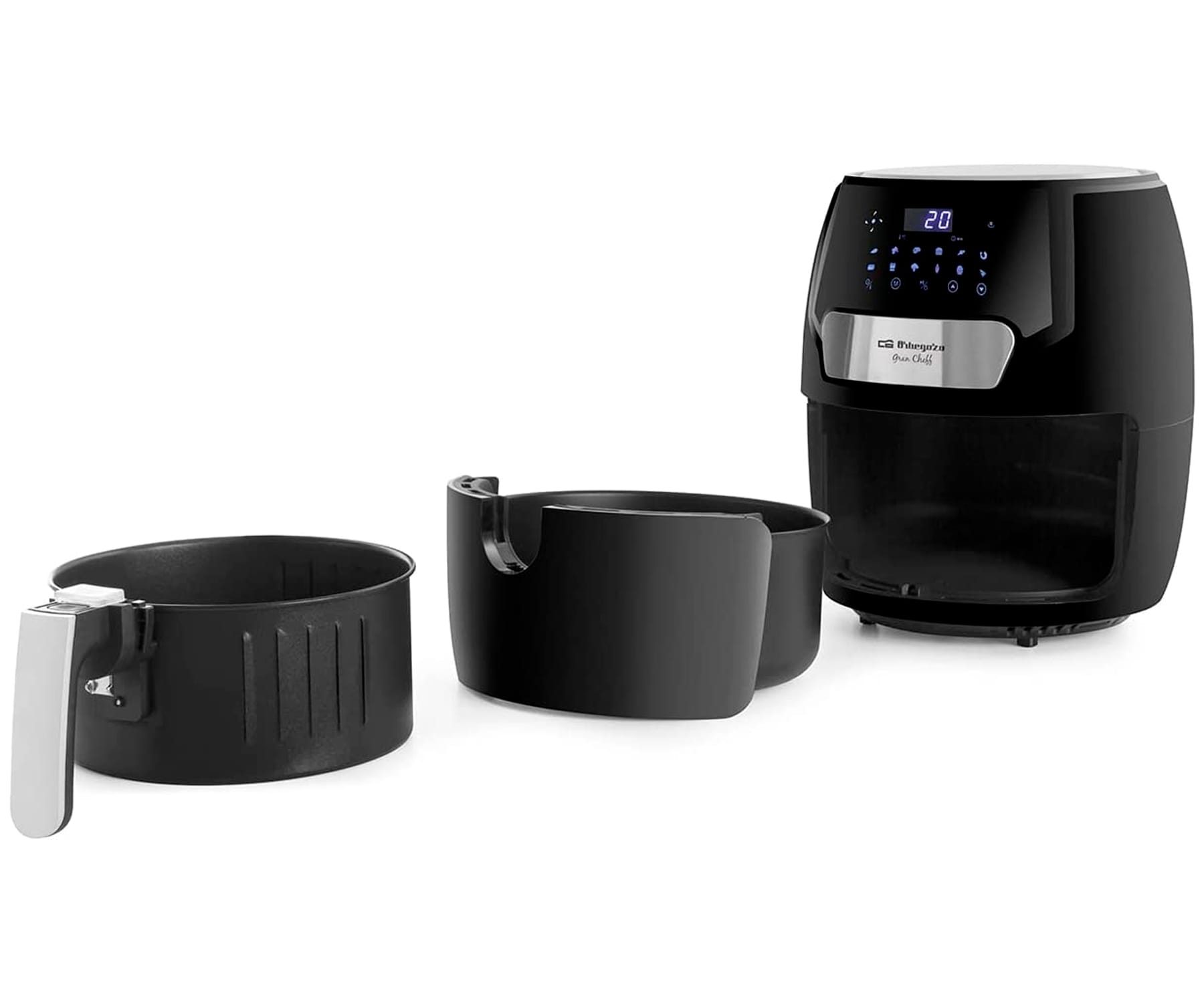 Czarna frytownica beztłuszczowa z dwoma wyjmowanymi koszami jest wyświetlana na białym tle.