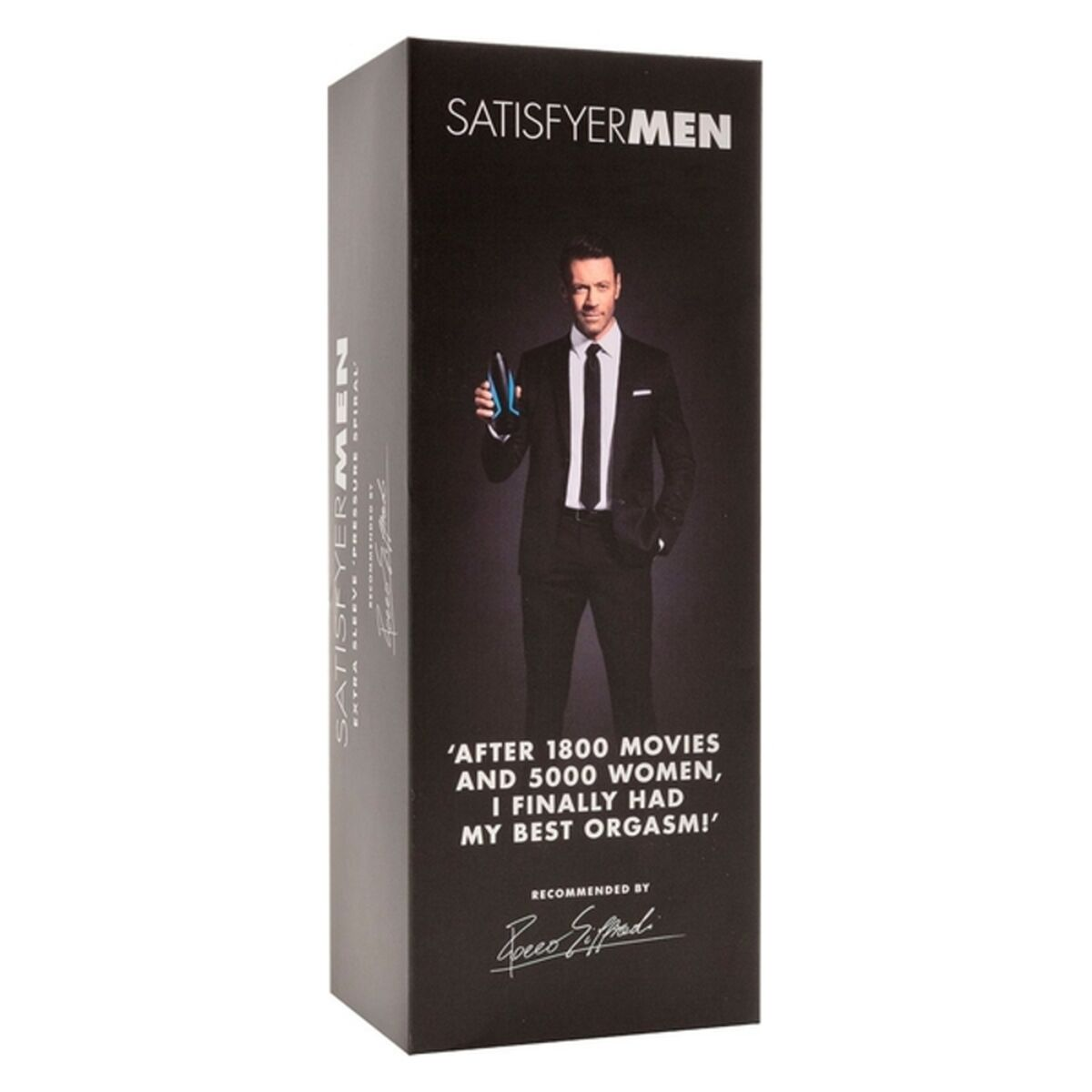Caja para un producto SatisfyerMen. Muestra a un hombre en traje sosteniendo el producto con texto.