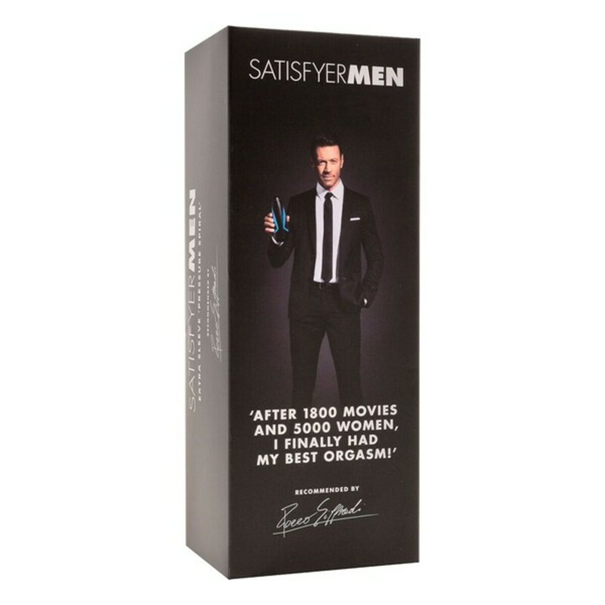 Box mit einem Mann im Anzug, der einen Vibrator hält. Der Text auf der Box ist sichtbar.