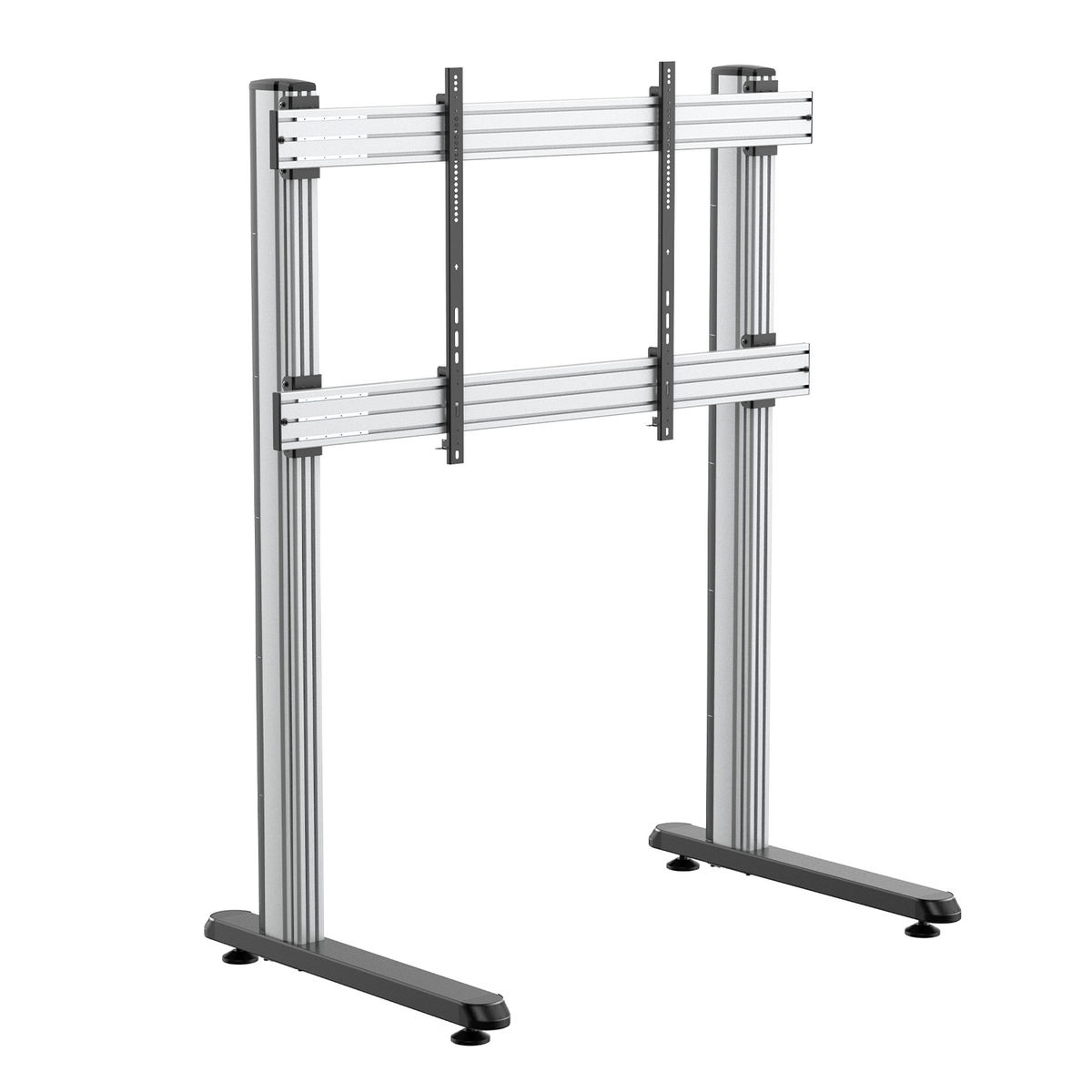 Un soporte de TV metálico con dos soportes verticales y un soporte horizontal para sostener el televisor.