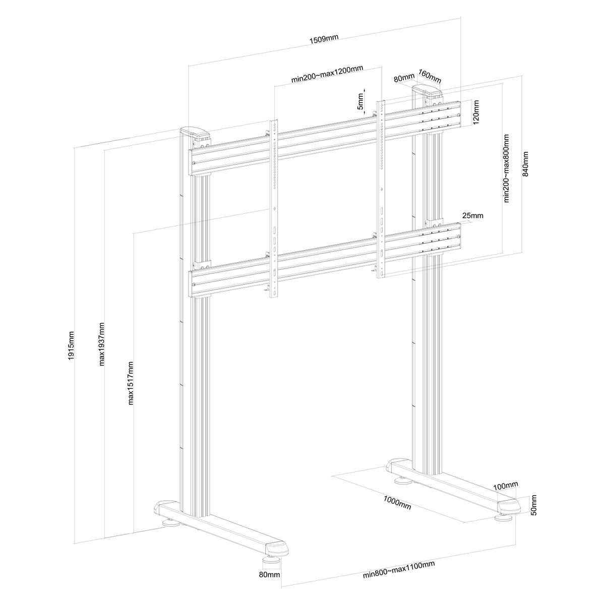 Dibujo técnico de un soporte de TV con dimensiones. Es un soporte metálico con dos soportes verticales.