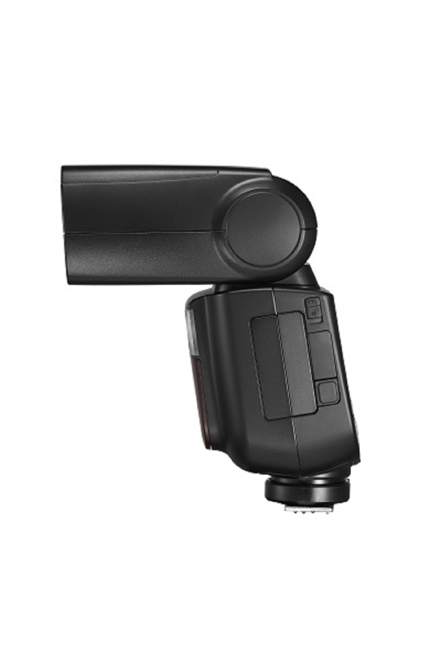 Czarna lampa błyskowa aparatu. Widok pod kątem. Białe tło. Prostokątny kształt.