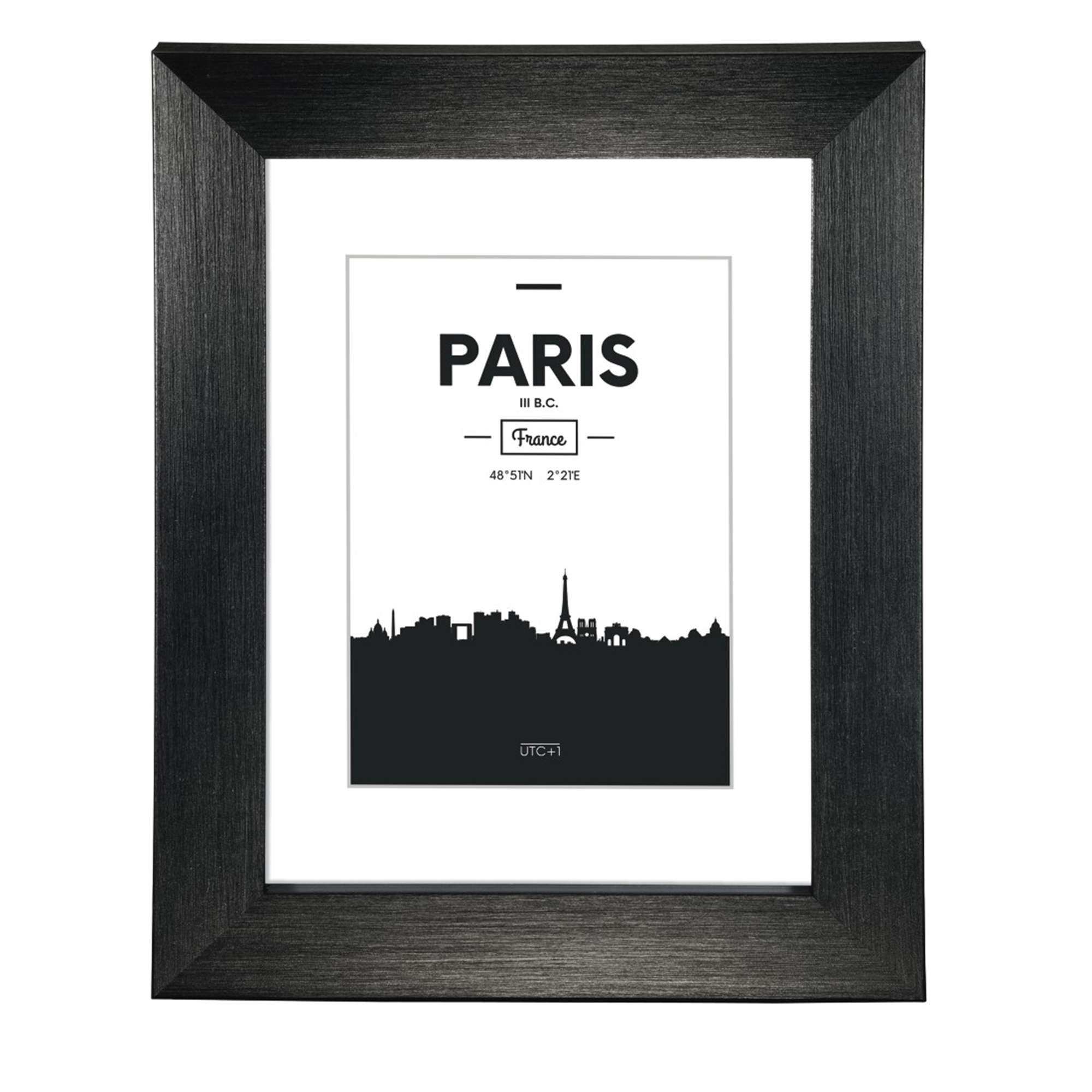Ein schwarz gerahmtes Bild mit dem Wort 'Paris' und einer Skyline-Silhouette.