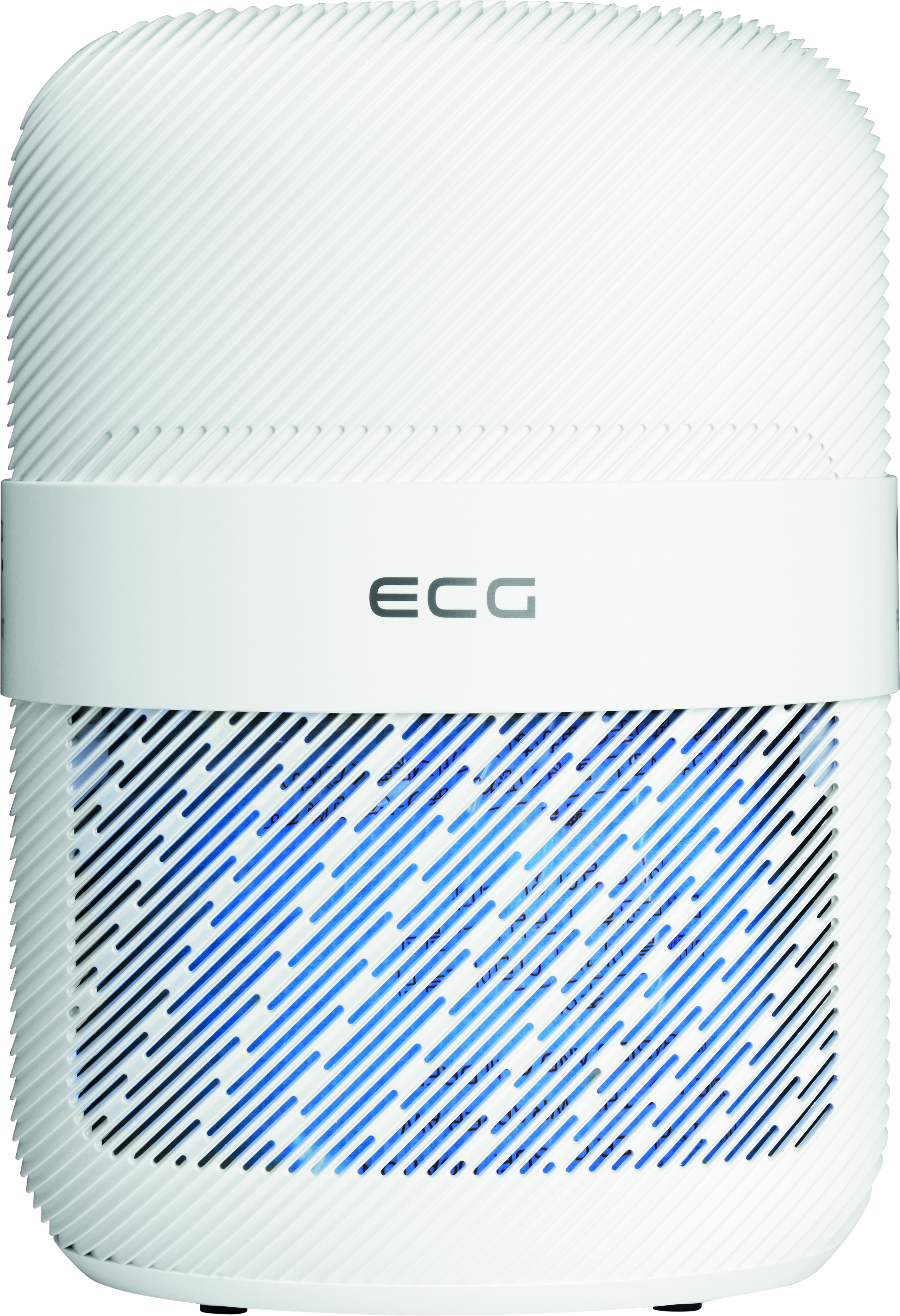 Weißer rechteckiger Luftreiniger mit blauem Gitterdesign auf der Vorderseite und dem ECG-Logo.