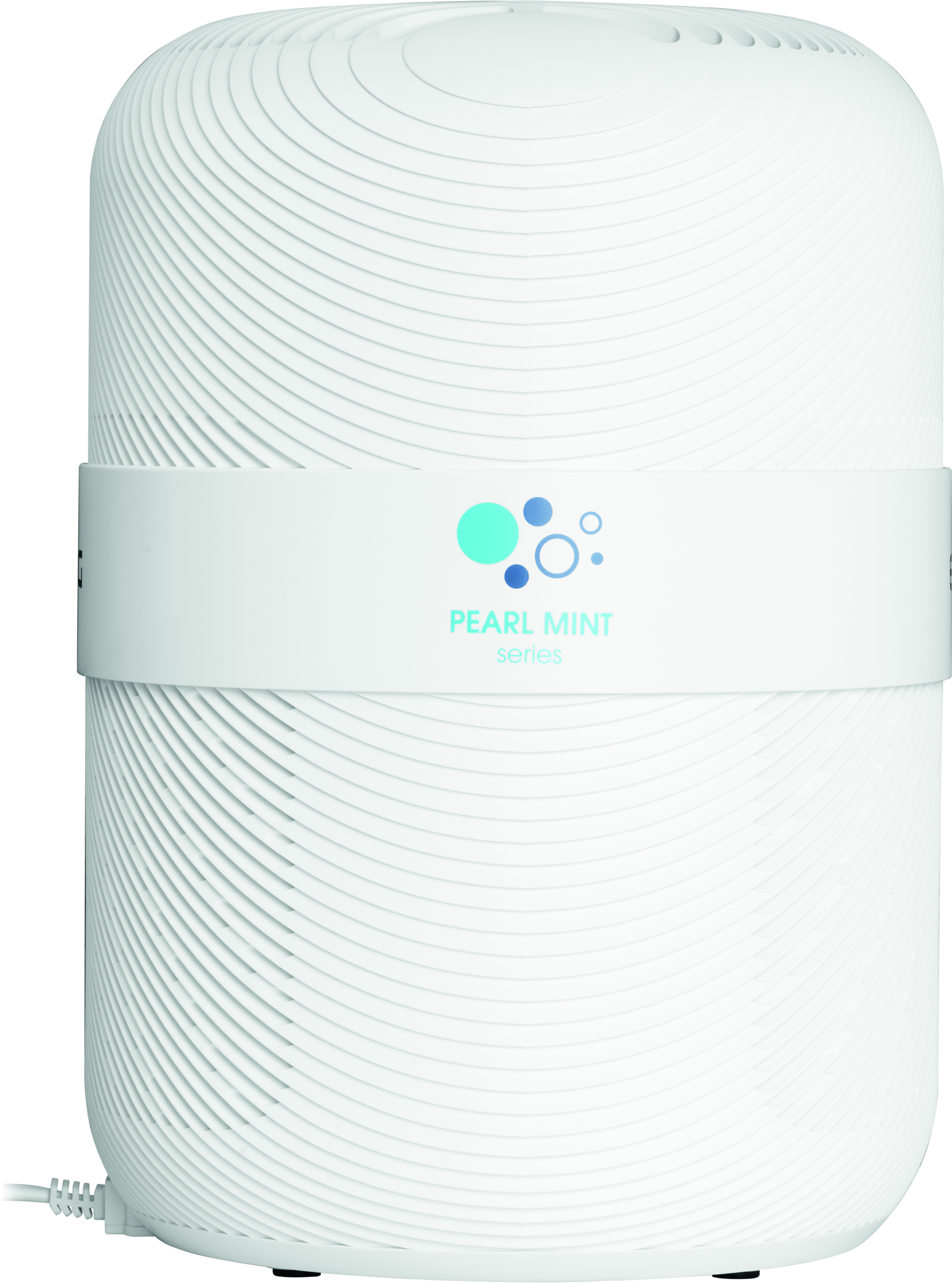 Weißer Luftreiniger mit gerilltem Design und einem Band mit der Aufschrift "PEARL MINT series".
