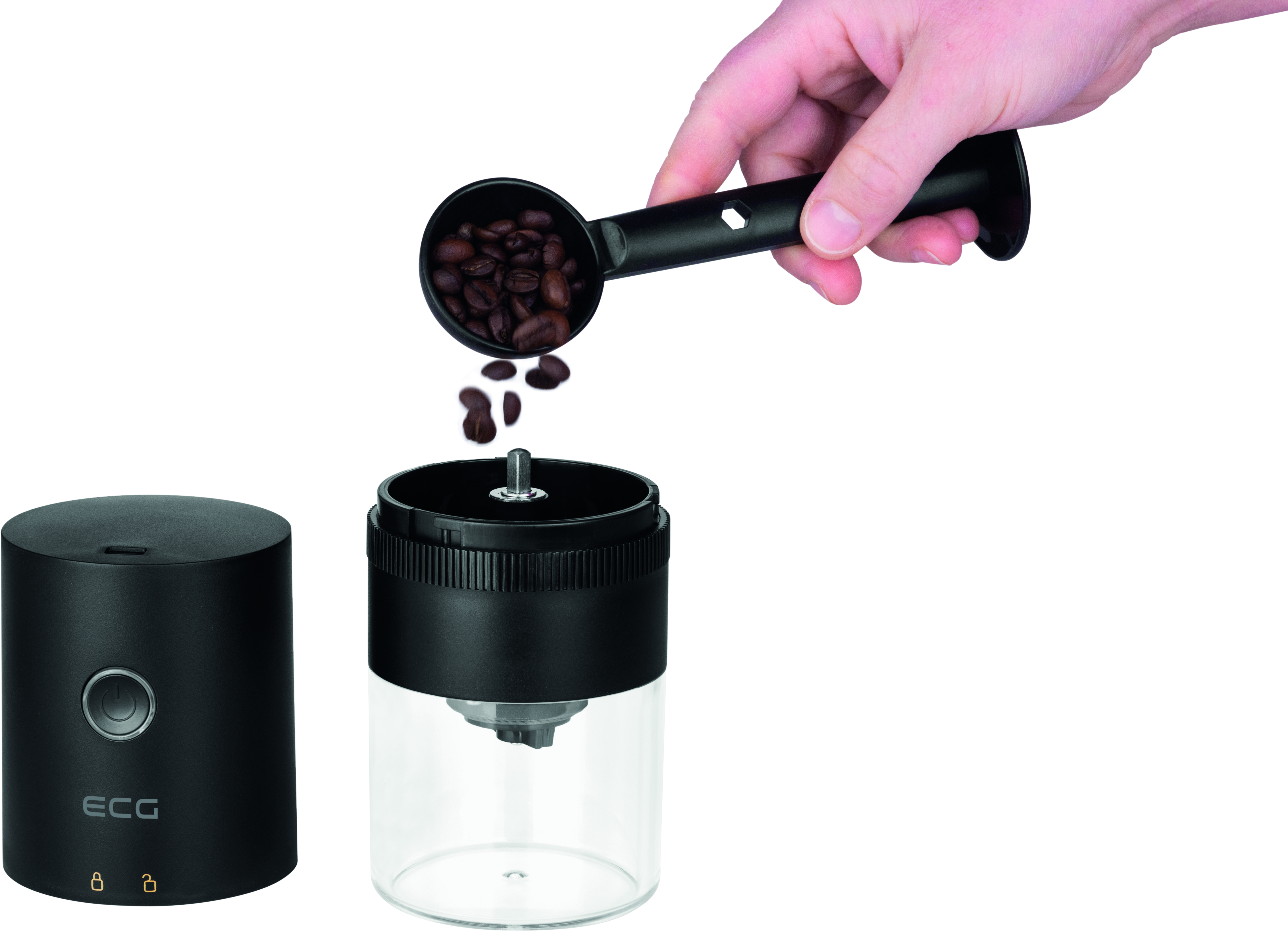 Czarny elektryczny młynek do kawy z przezroczystym pojemnikiem i wsypywanymi ziarnami kawy.