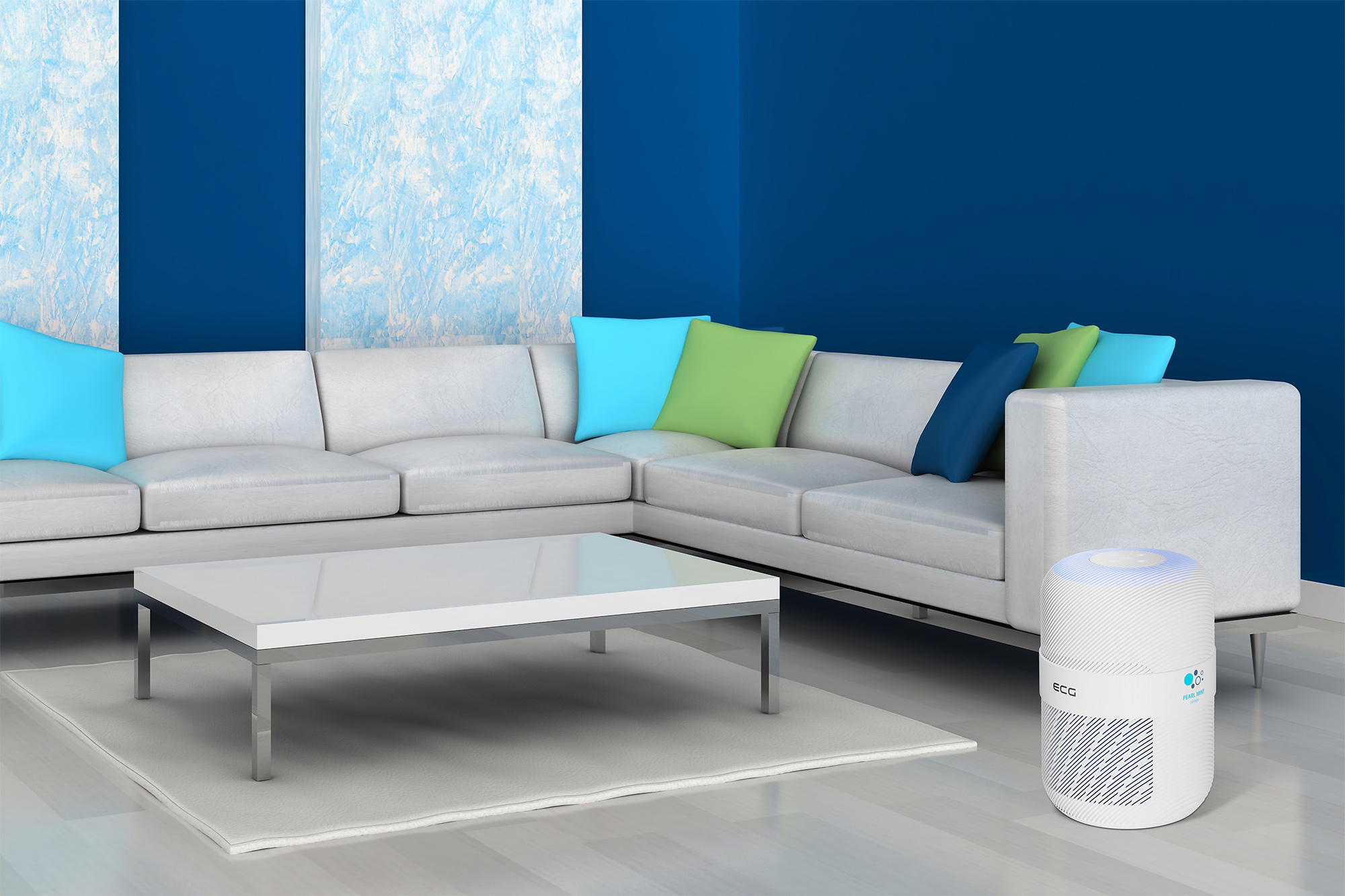 Wohnzimmer mit weißem Sofa und blauer Wand. Ein weißer Tisch und ein Luftreiniger im Vordergrund.