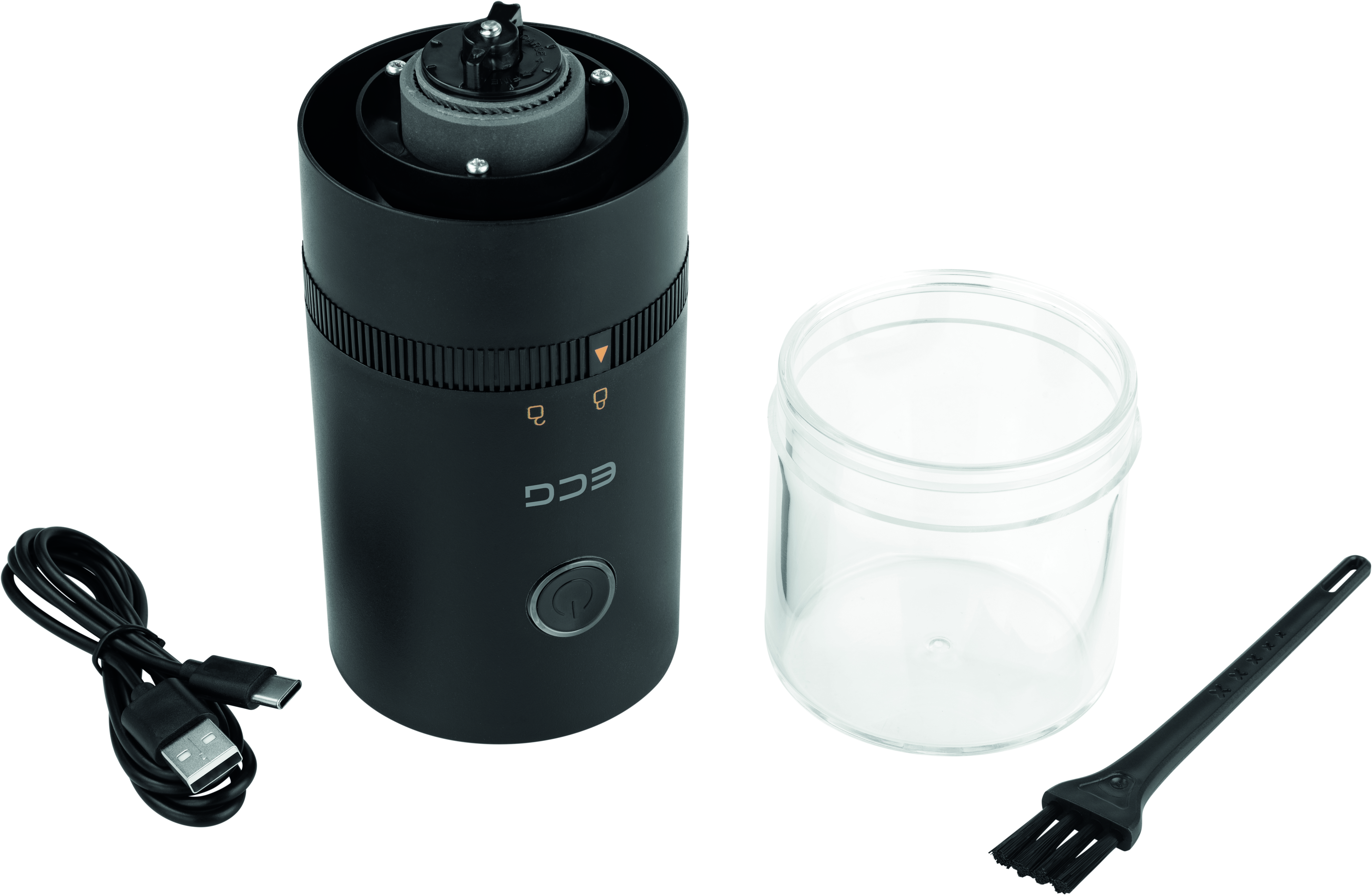 Czarny młynek do kawy z akcesoriami: słoik, szczotka i kabel USB. Białe tło.