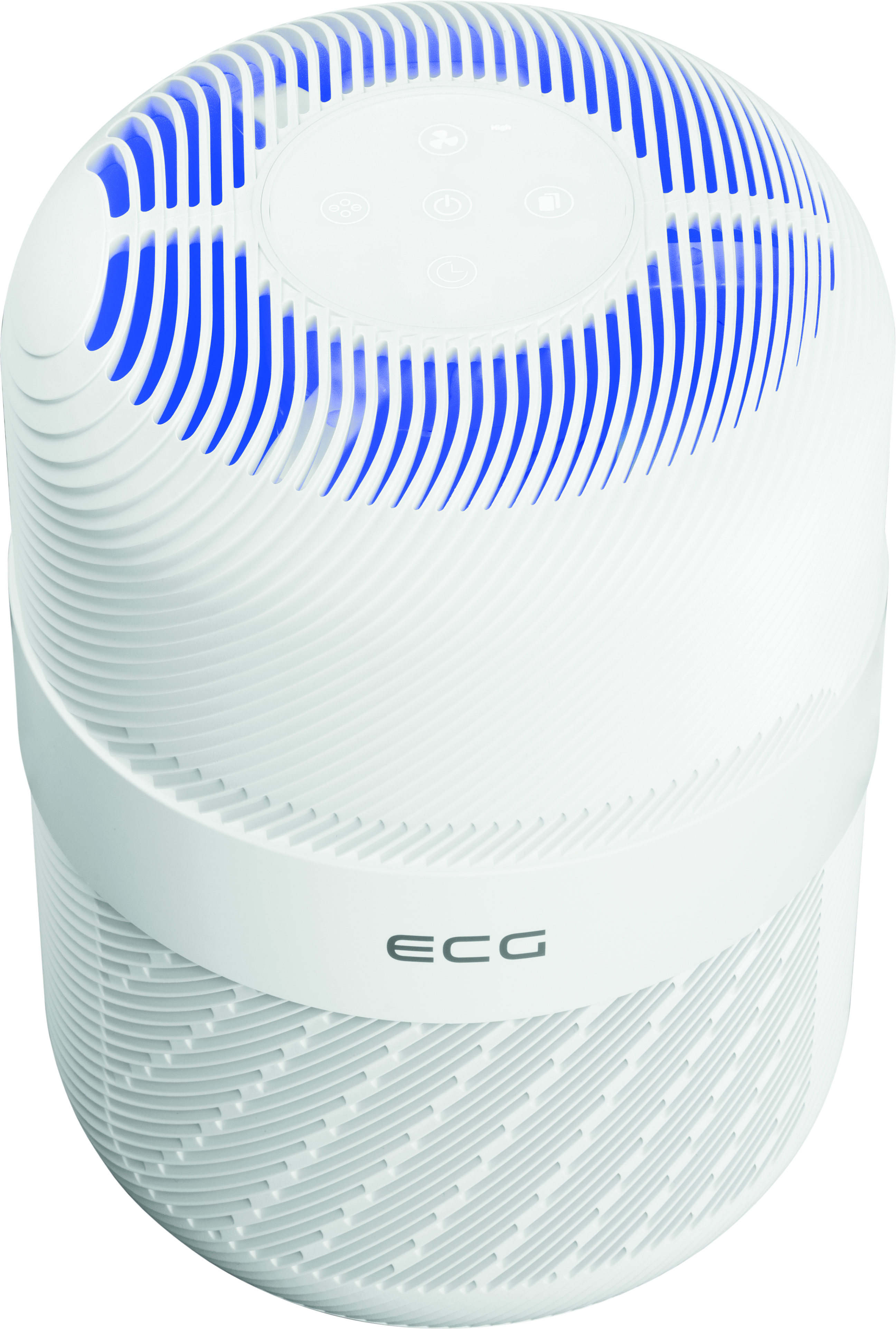 Weißer Luftreiniger. Blaue Lüftungsschlitze oben. Marke ECG. Sauberes Design.