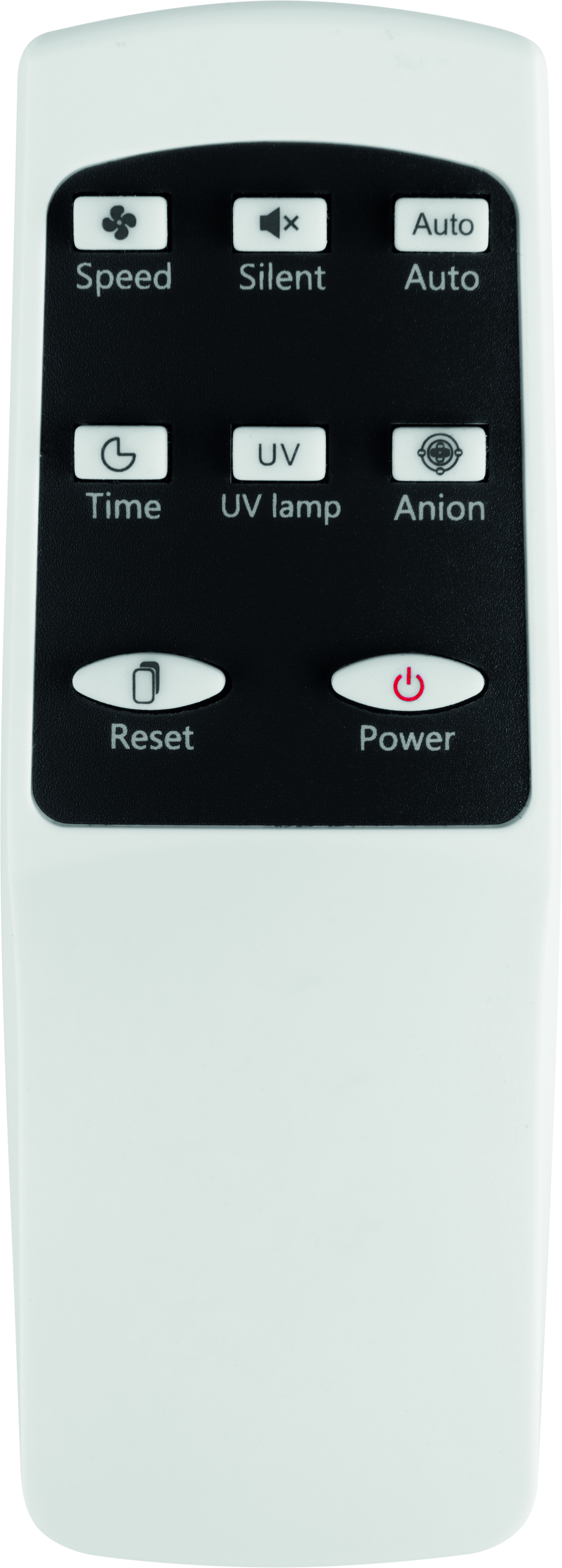 Weiße Fernbedienung mit Tasten. Tasten umfassen Speed, Silent, Auto, Time, UV-Lampe, Anion, Reset, Power.