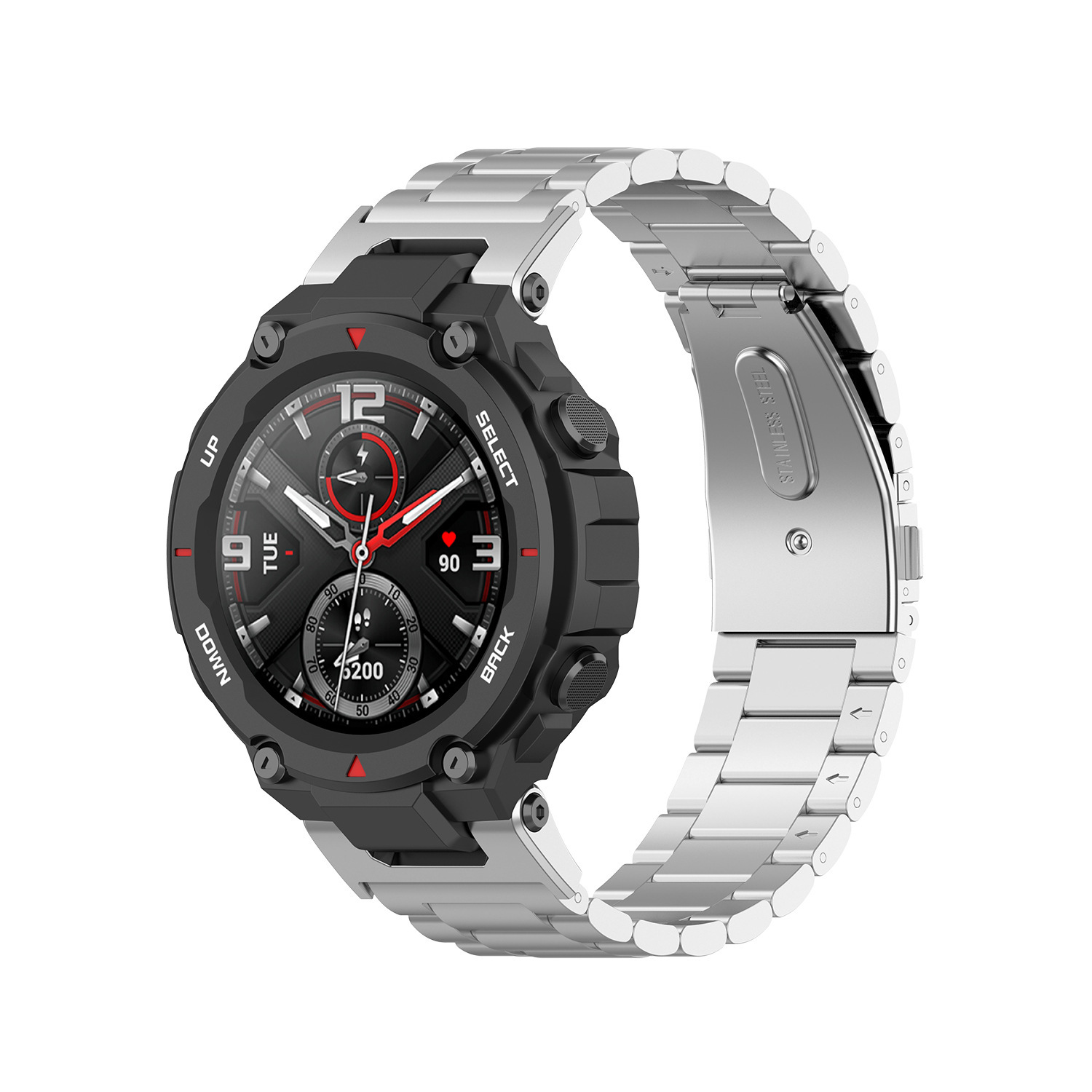 Eine schwarz-silberne Smartwatch mit silbernem Armband.