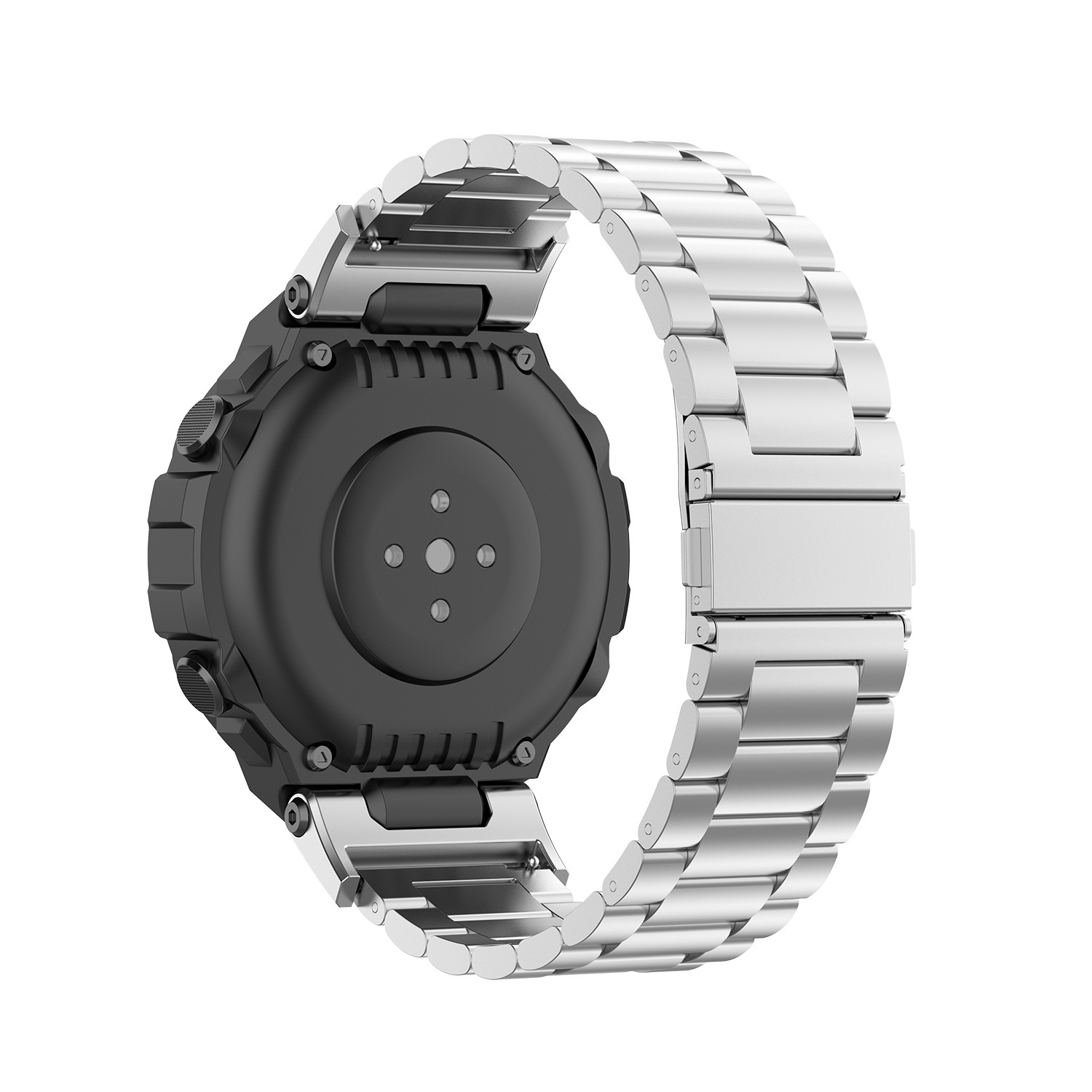 Rückseite einer Smartwatch mit angebrachtem Metallarmband. Zeigt den Sensor und die Befestigungspunkte des Bandes.