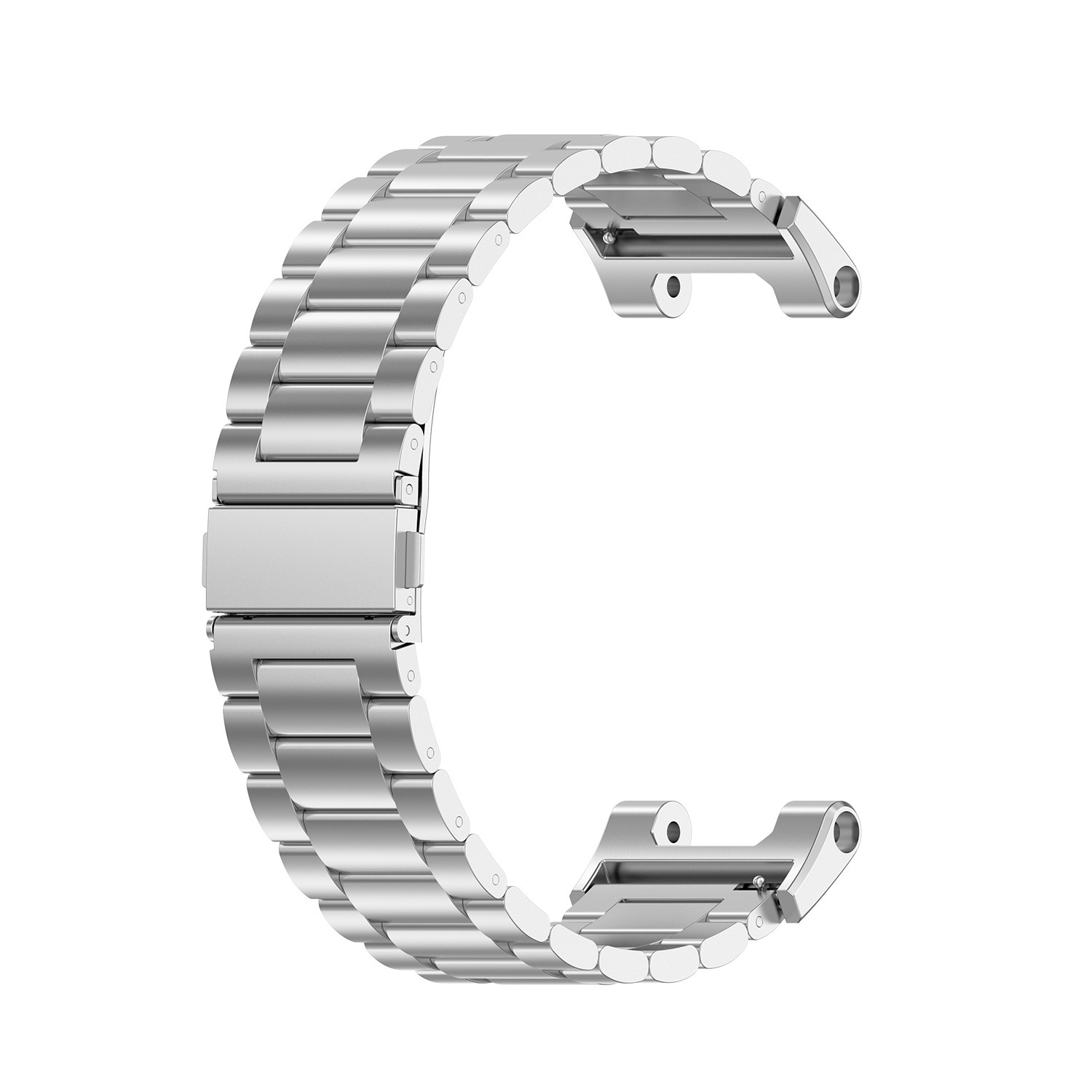Ein silbernes Uhrenarmband, C-förmig geöffnet, liegt flach auf weißem Hintergrund.