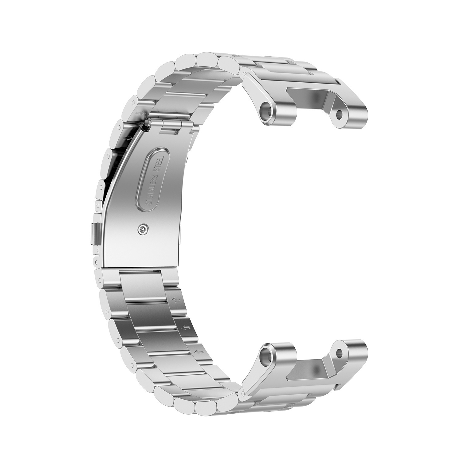 Silbernes Edelstahl-Uhrenarmband. Das Armband ist geöffnet und bereit zum Anbringen.
