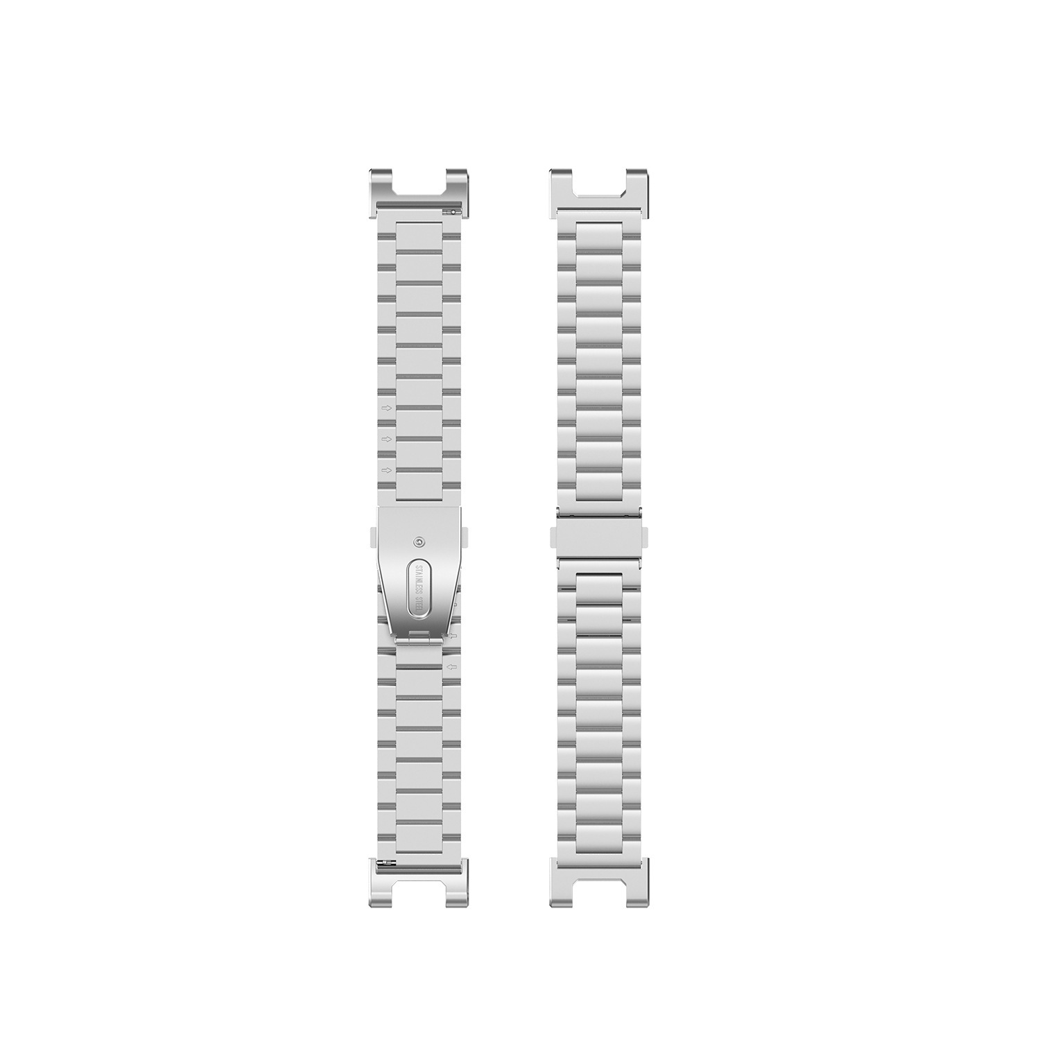 Zwei silberne Uhrenarmbänder mit einem Verschluss und einem Edelstahl-Etikett.