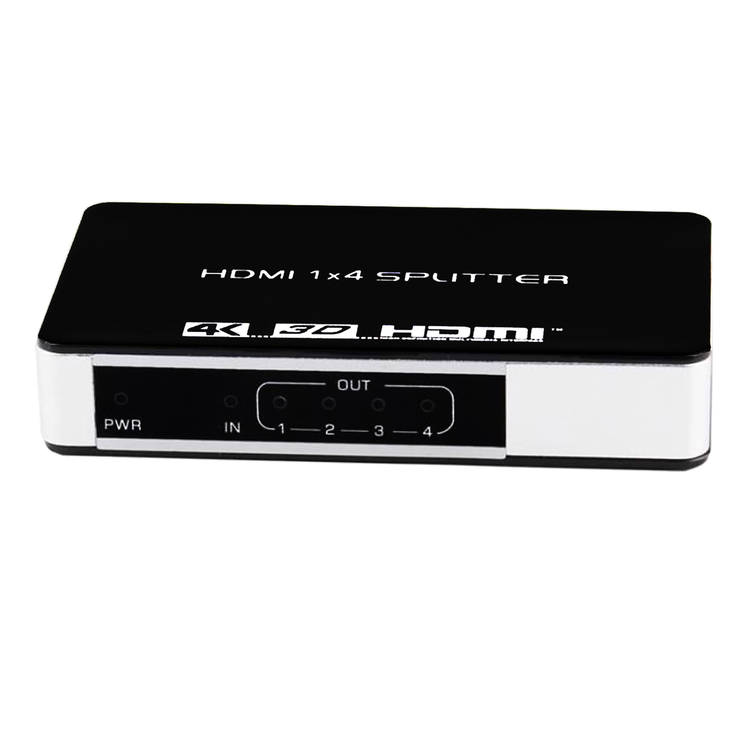 Black HDMI 1x4 splitter with white text, showing input and output ports labeled 1-4.