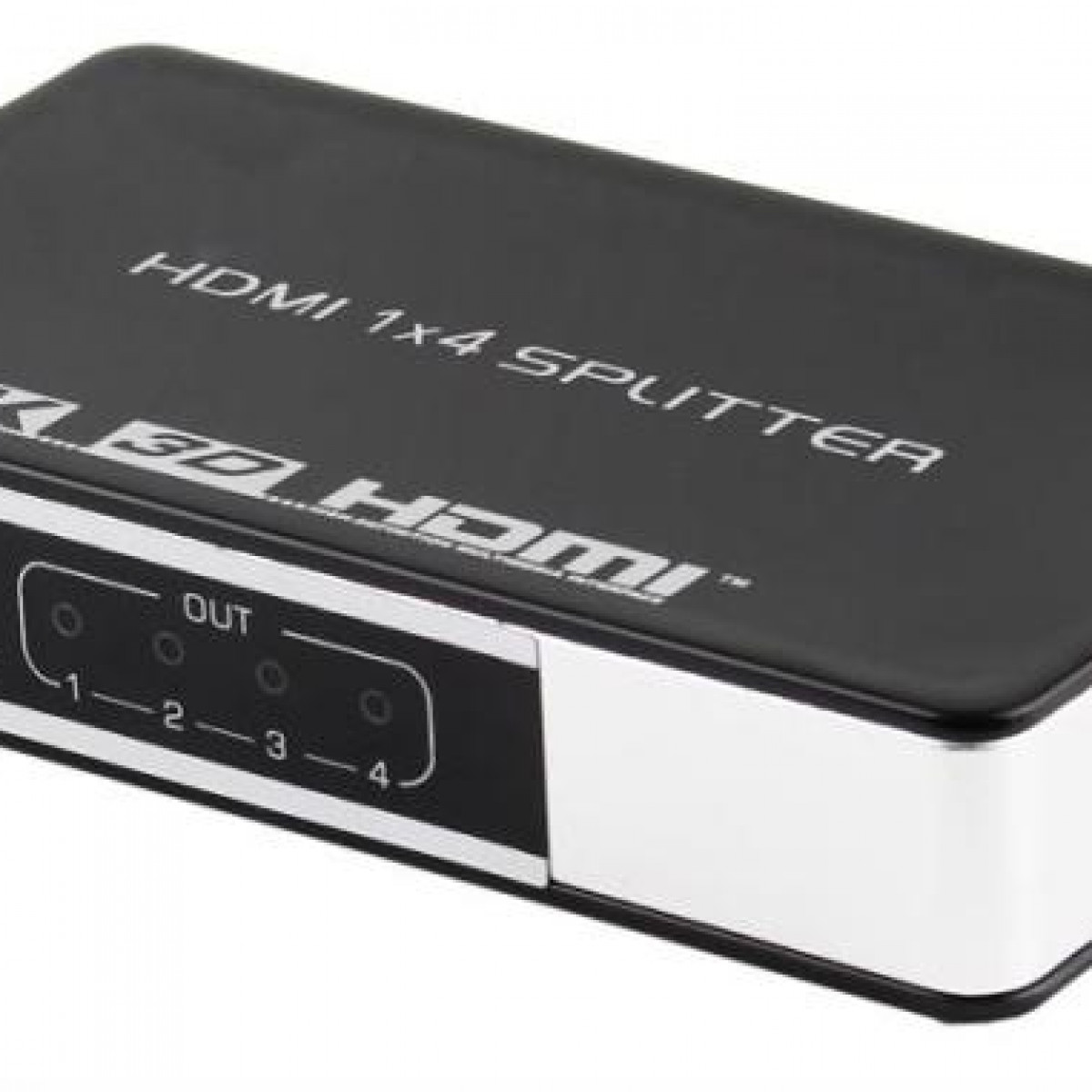 Black HDMI splitter with white text, 4 output ports.