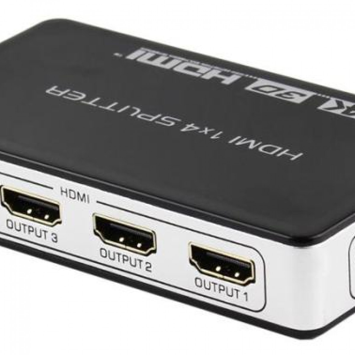 Black HDMI splitter with three output ports, showing the output labels.