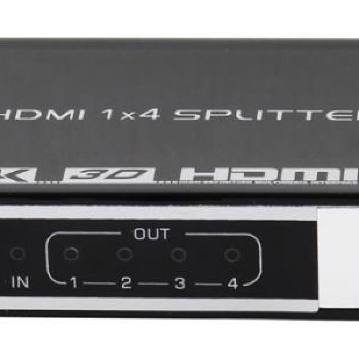 A black HDMI splitter with input and output ports labeled. Has the text HDMI 1x4 Splitter on top.