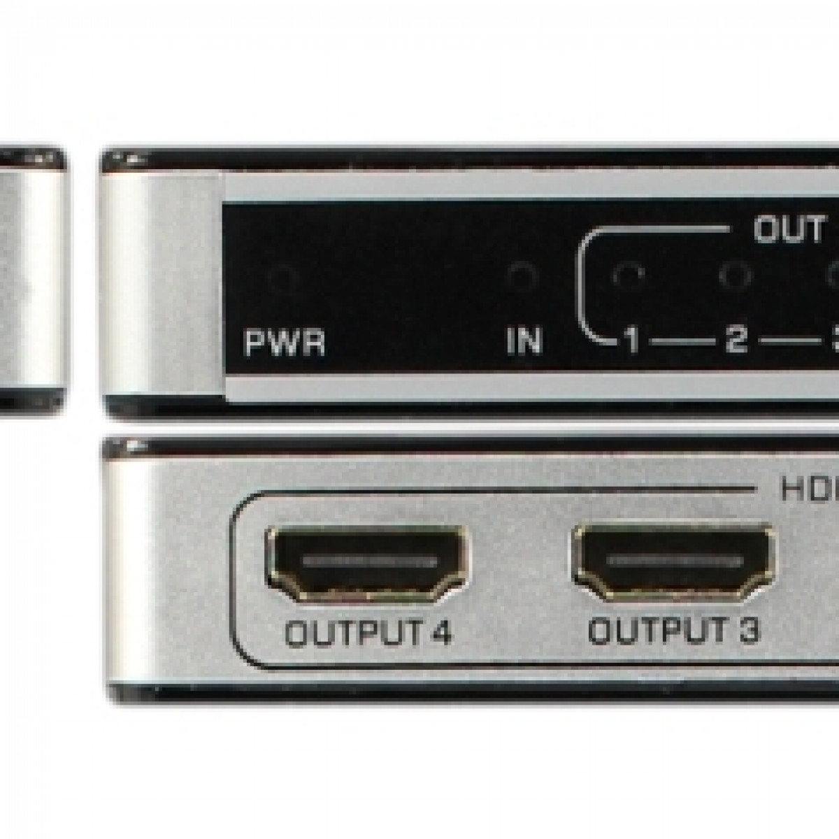 Close-up of a silver HDMI splitter with multiple ports labeled PWR, IN, and OUT.