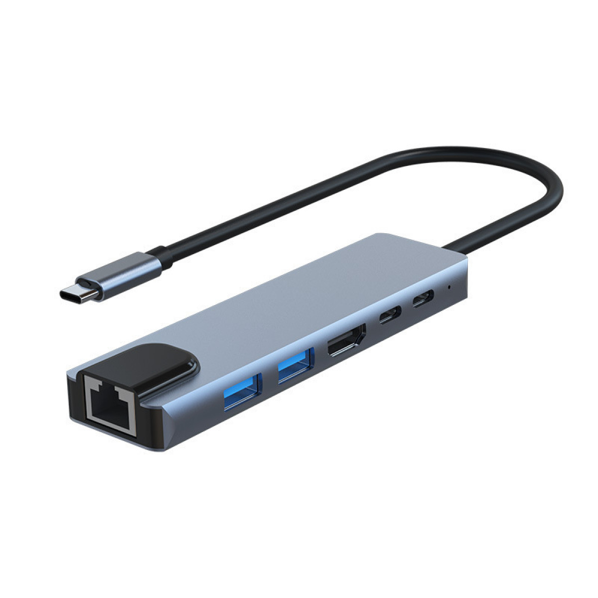 Ein grauer USB-C-Hub mit mehreren Anschlüssen, darunter USB, HDMI und Ethernet.