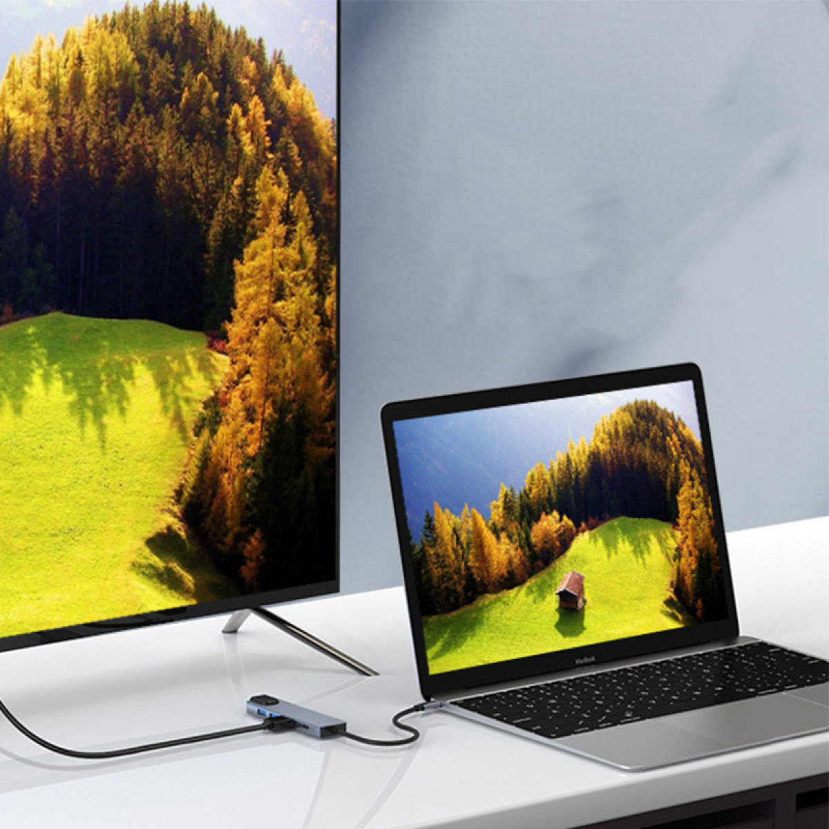 Laptop mit TV verbunden, Landschaftsszene. Kabel und Hub sichtbar.