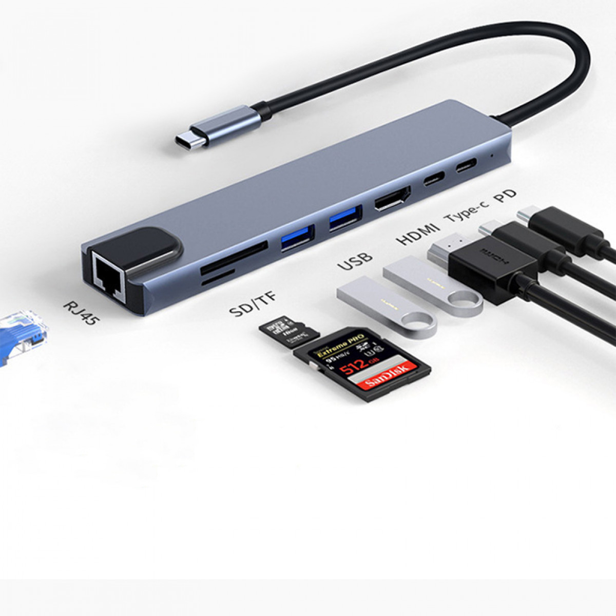 Hub z wieloma portami: RJ45, SD/TF, USB, HDMI Type-C i złącze USB-C. Karta SD obecna.