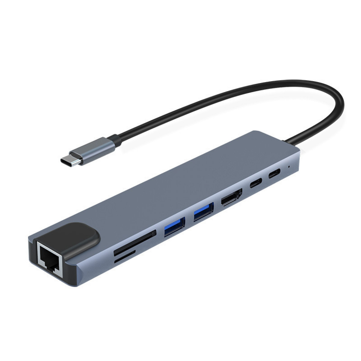 Szary hub USB z wieloma portami i czarnym kablem. Posiada złącze USB-C.