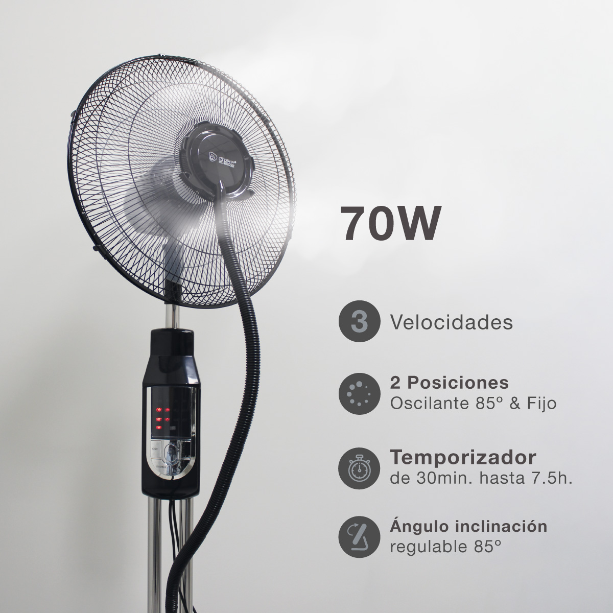 Un ventilador de pie negro y plateado con texto que indica sus características.