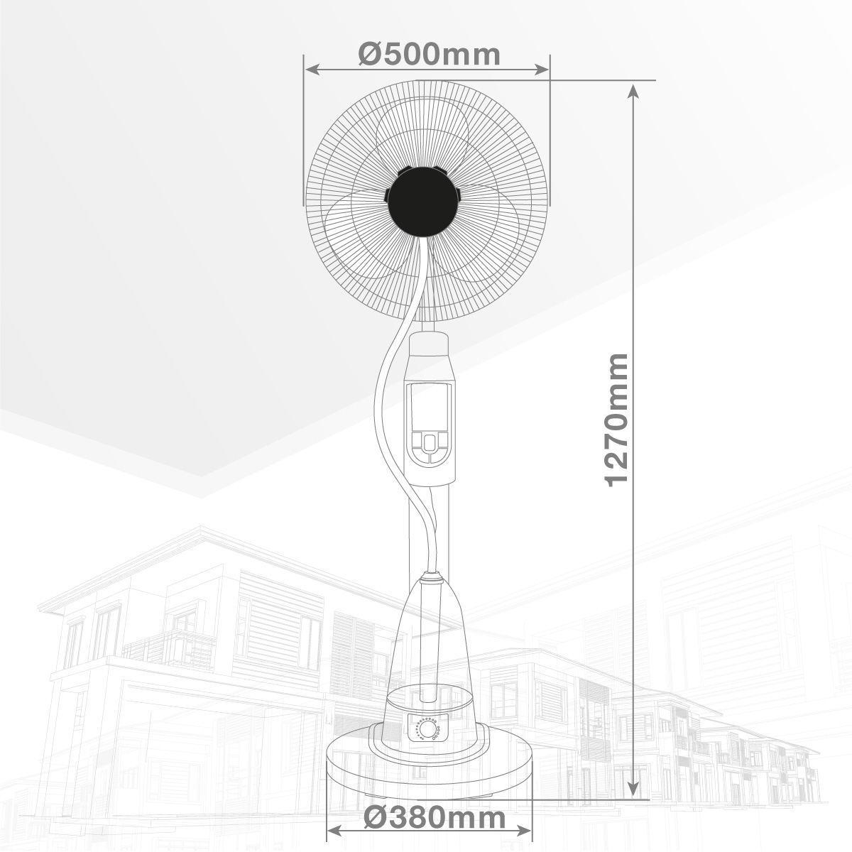 Dibujo técnico de un ventilador. Muestra dimensiones y detalles del diseño del ventilador.