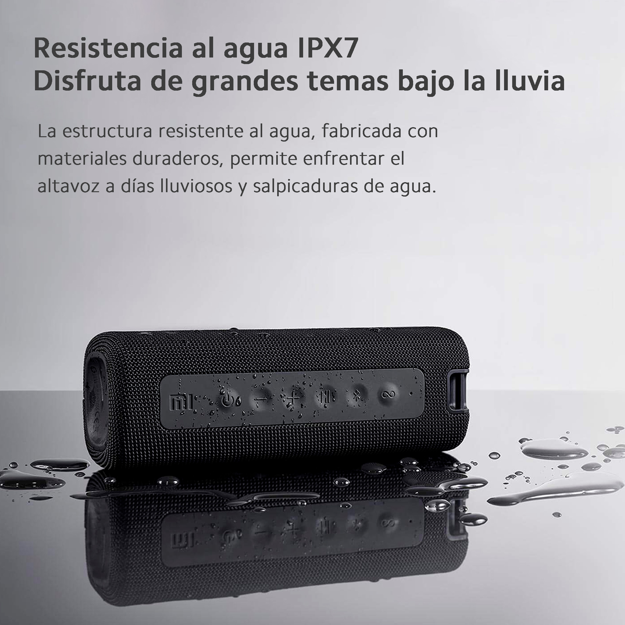 Wodoodporny głośnik z przyciskami, na błyszczącej powierzchni.