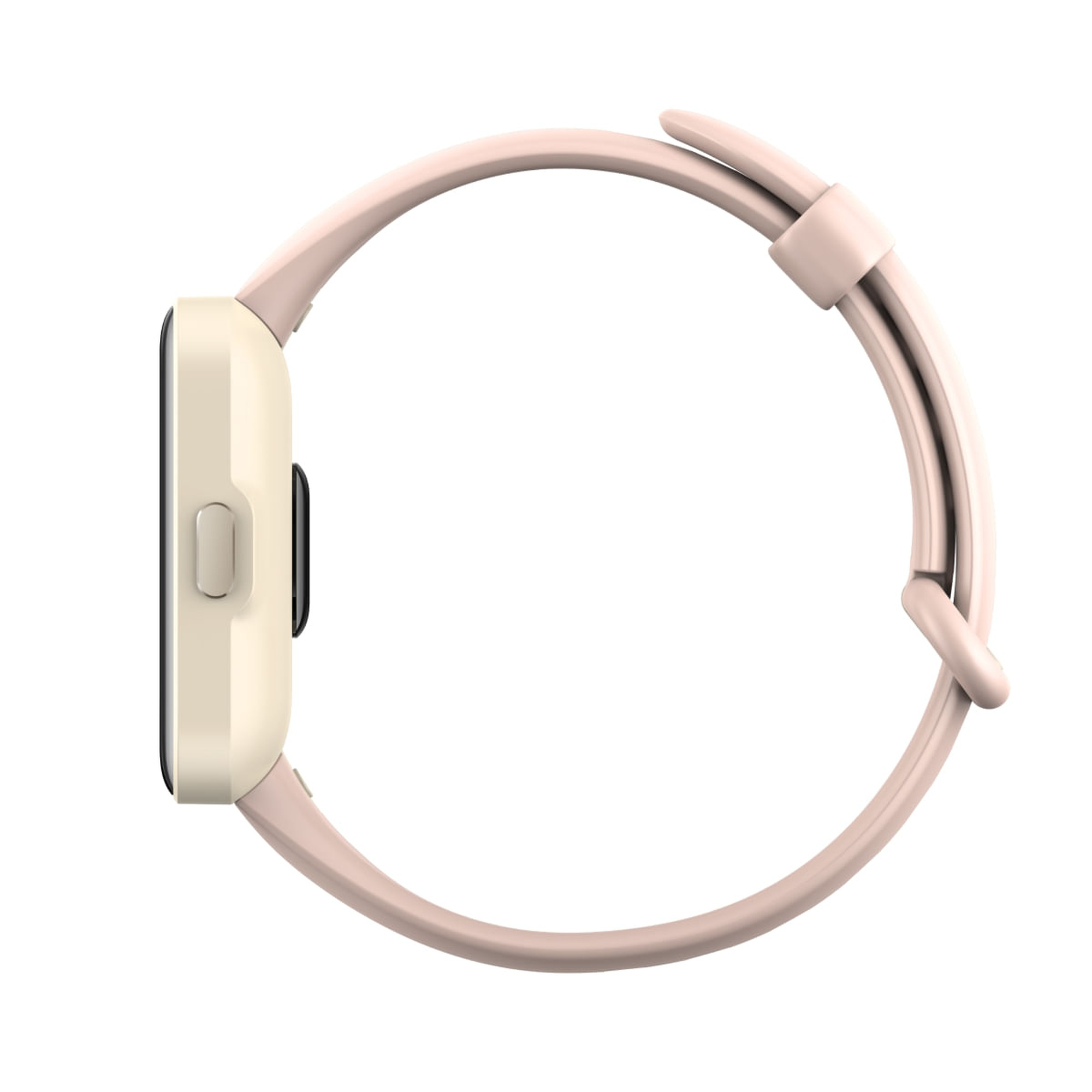 Smartwatch color crema con cinturino rosa, vista laterale, su sfondo bianco.