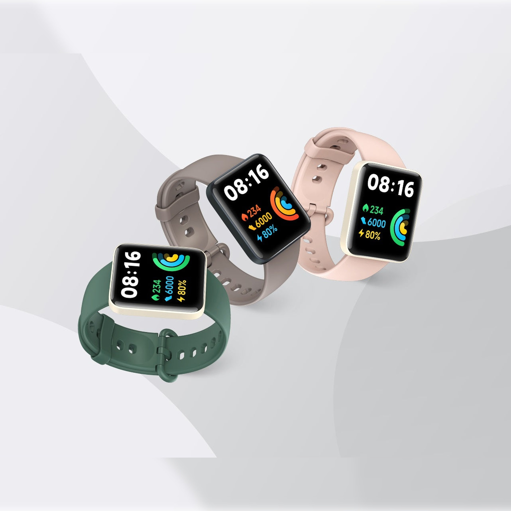 Tre smartwatch, verde, grigio e rosa, con schermi quadrati. Ognuno mostra l'ora e le statistiche.