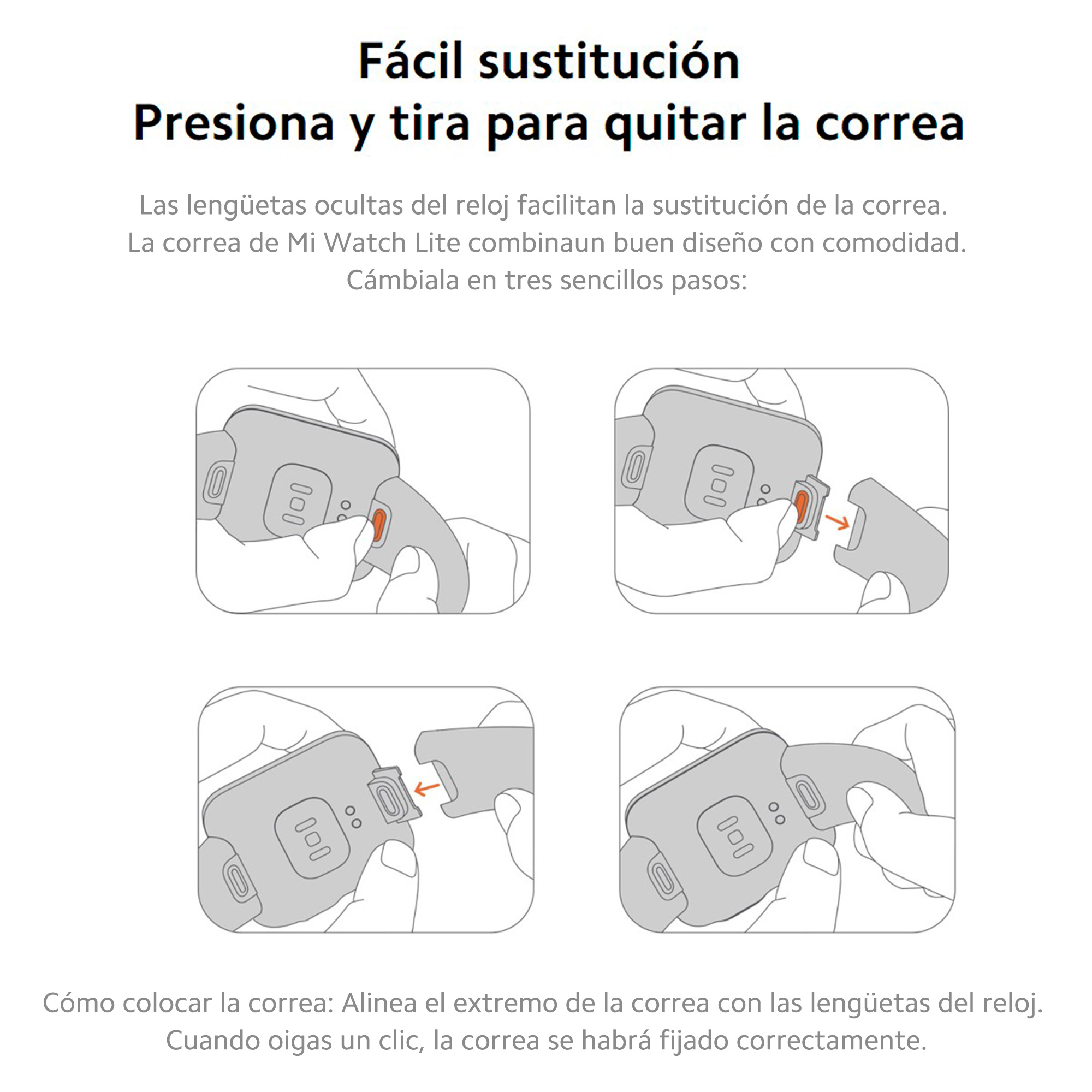 Diagramma che mostra come rimuovere e sostituire un cinturino. Quattro passaggi con frecce.