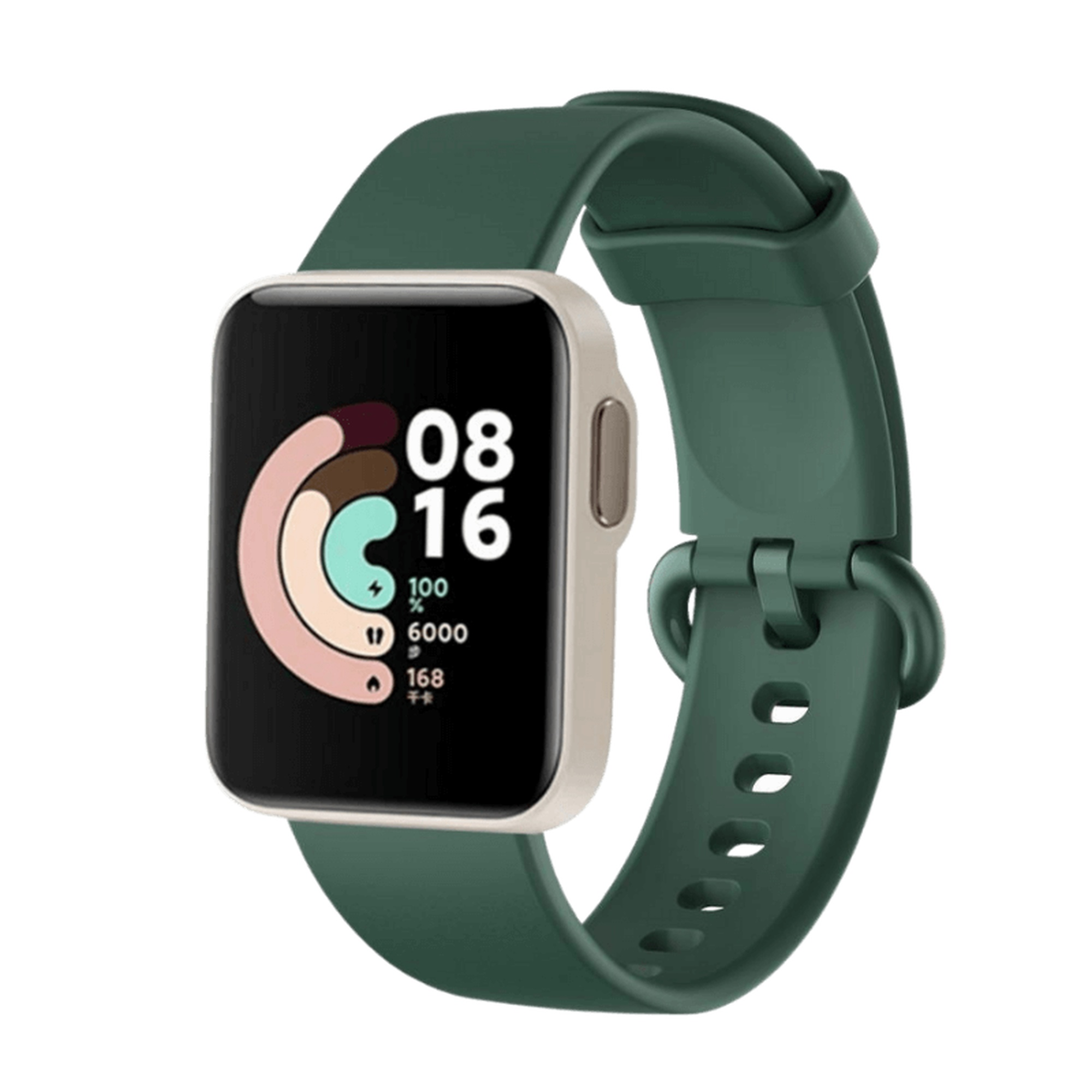 Smartwatch con cinturino verde, cornice color crema, che mostra ora e statistiche.