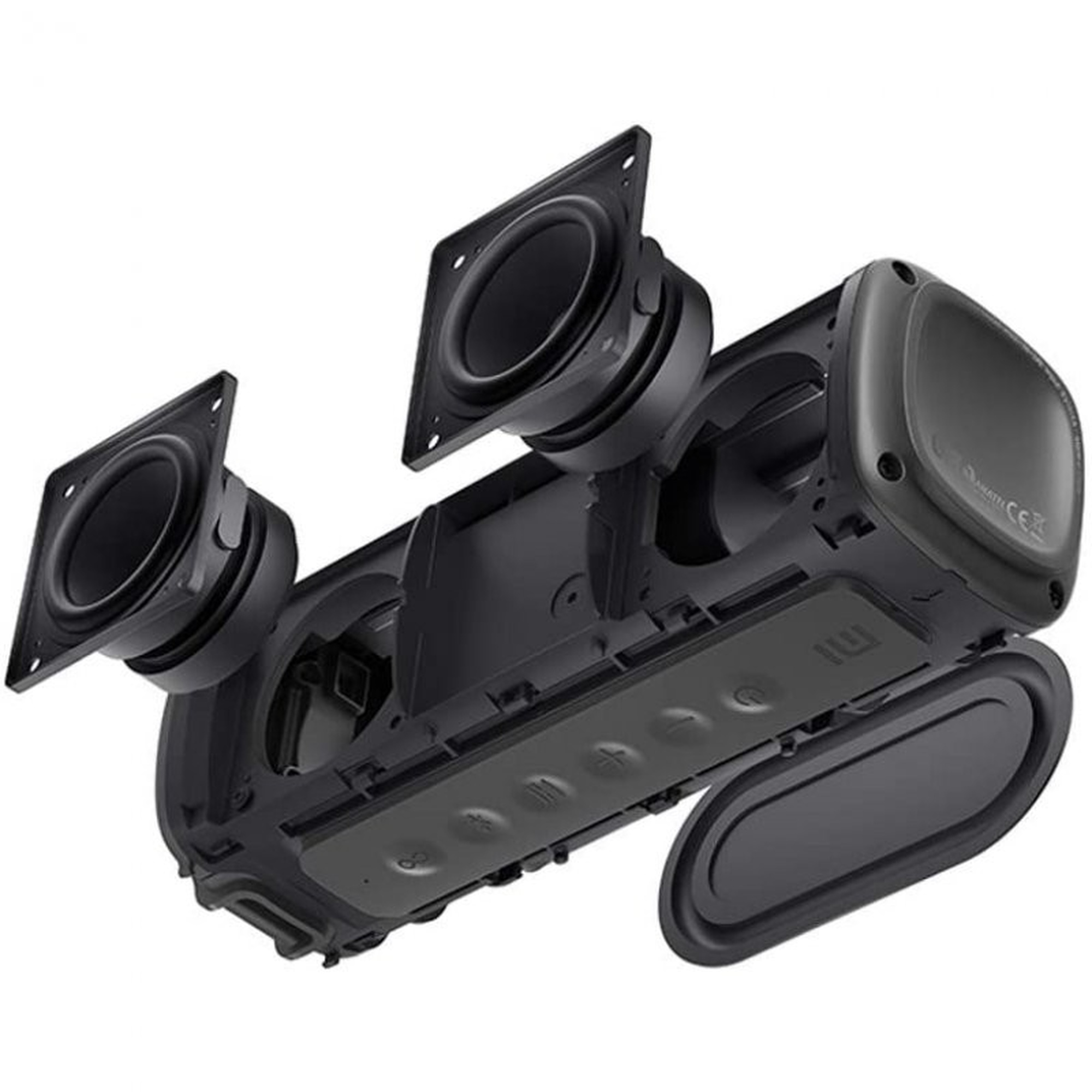 Czarny głośnik, widok rozłożony pokazujący głośniki i elementy wewnętrzne.