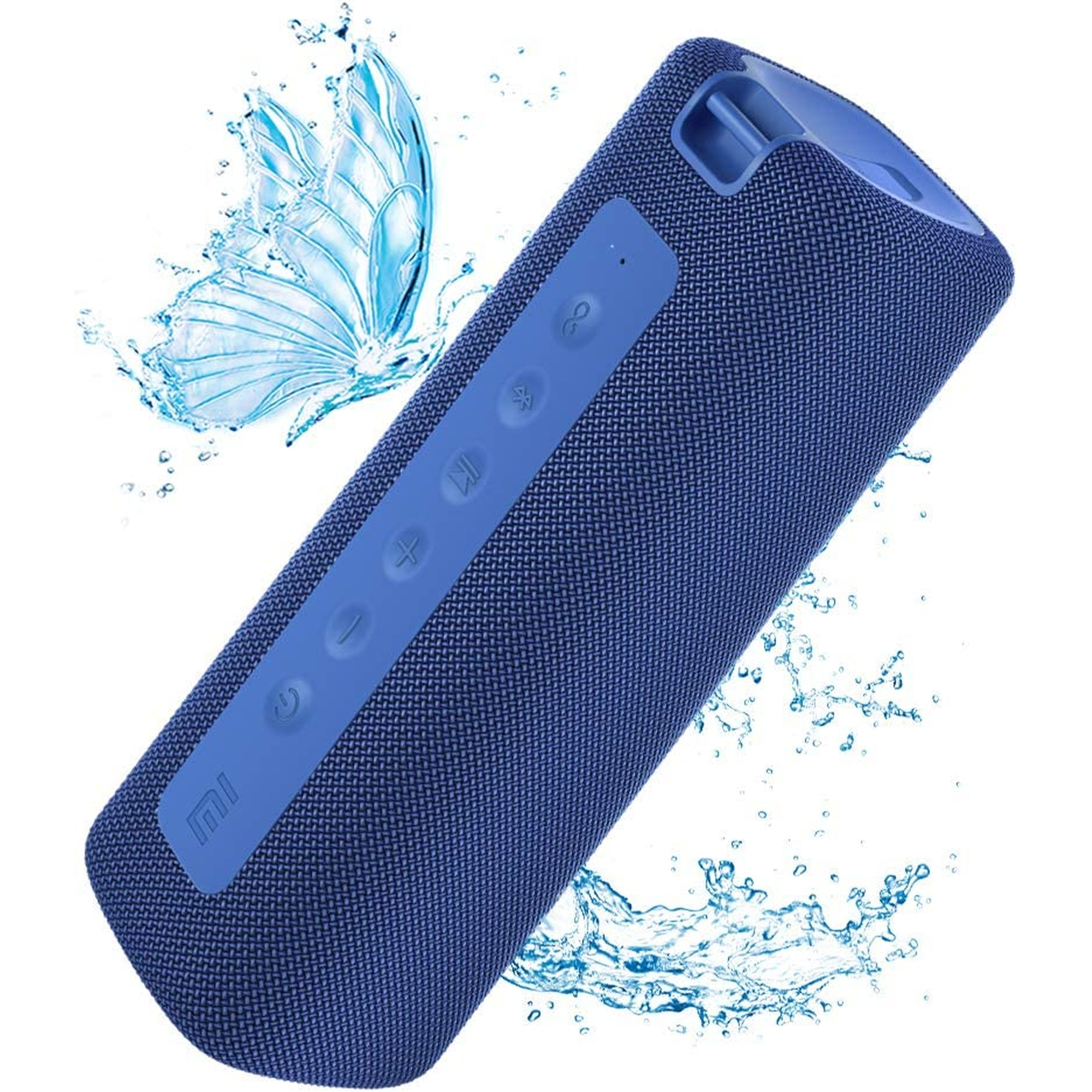 Niebieski głośnik przenośny, z przyciskami i motylem w tle.