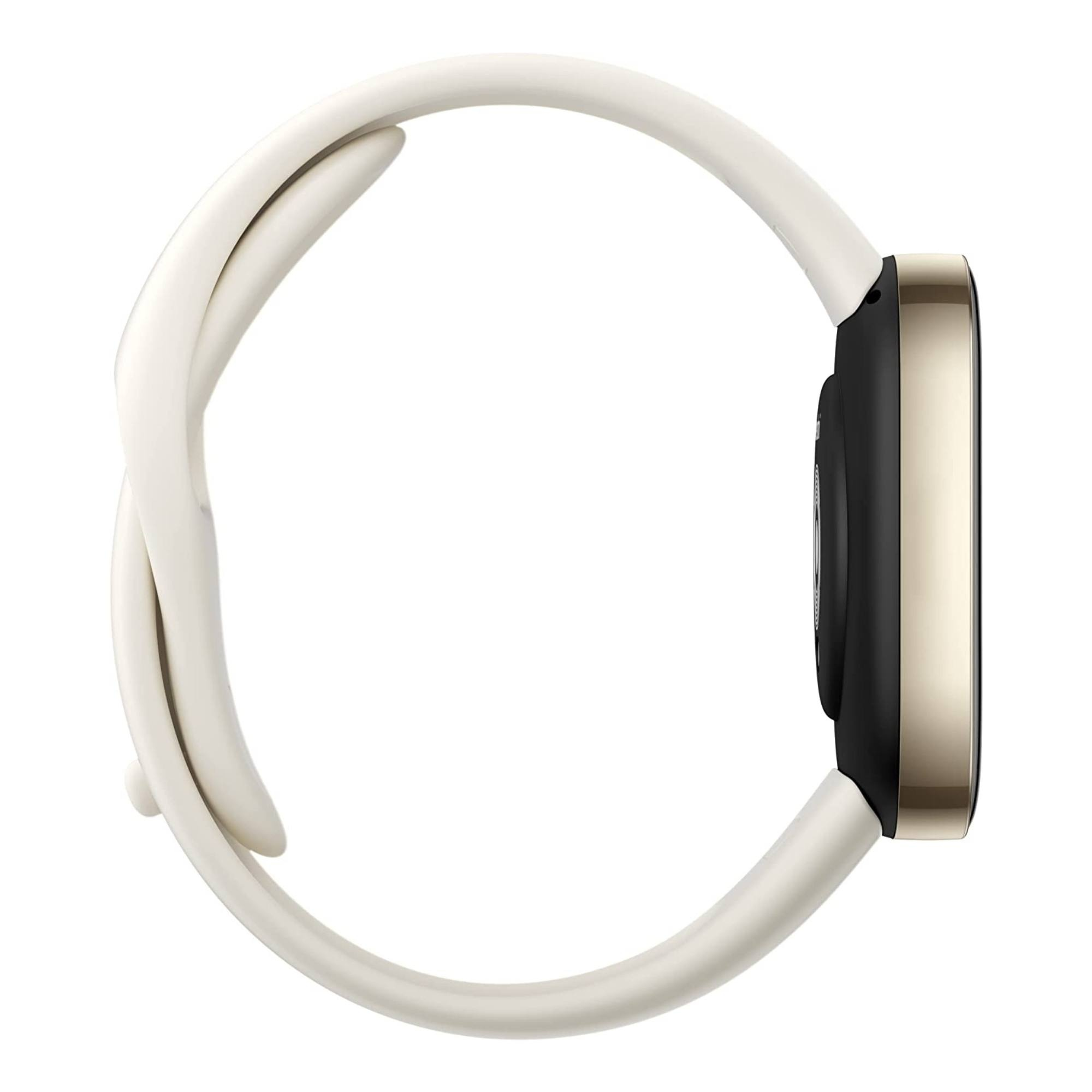 Orologio da polso, vista laterale, cinturino bianco, cassa dorata, quadrante nero.