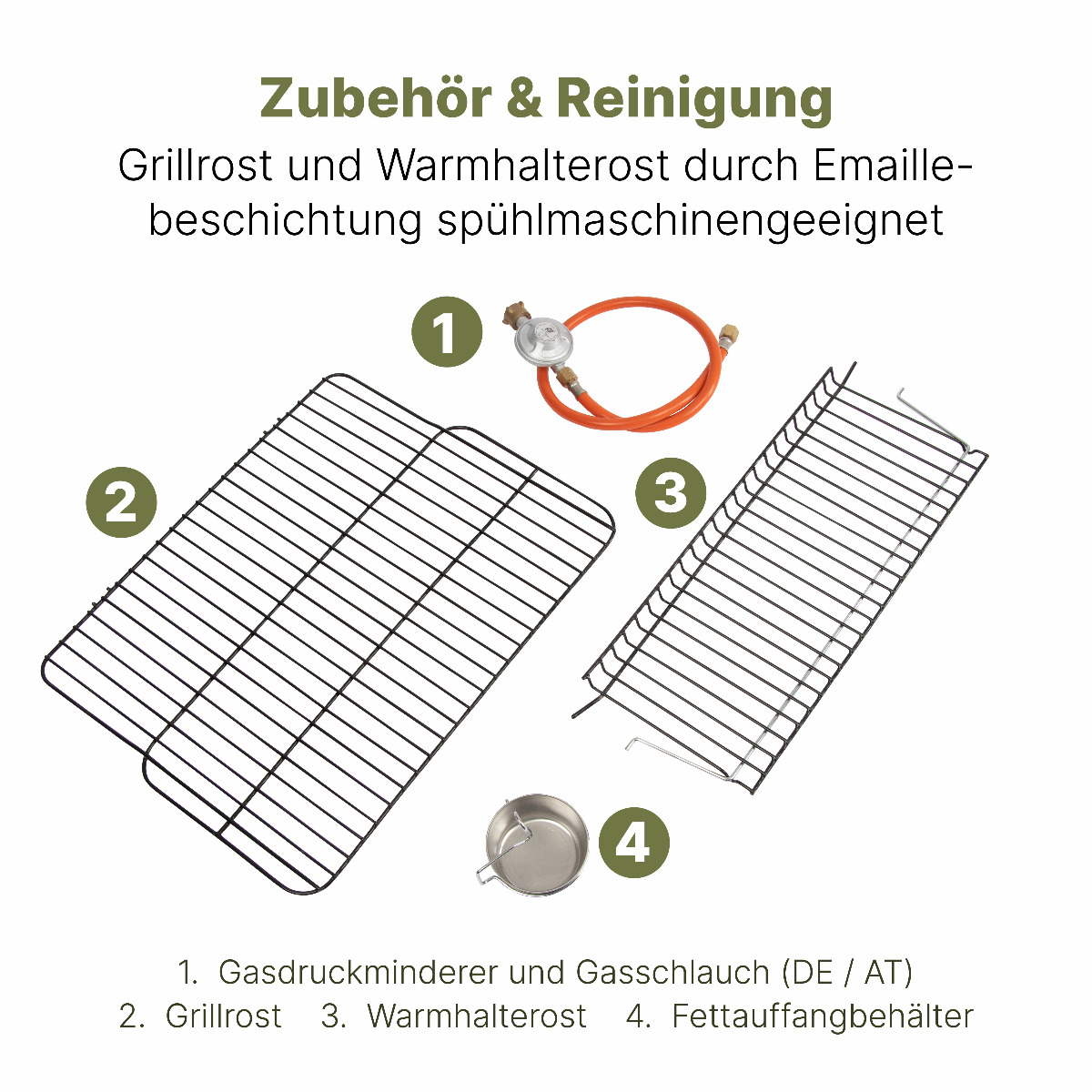 Grillzubehör: Grillroste, Warmhalterost, Gasregler und Fettauffangbehälter.