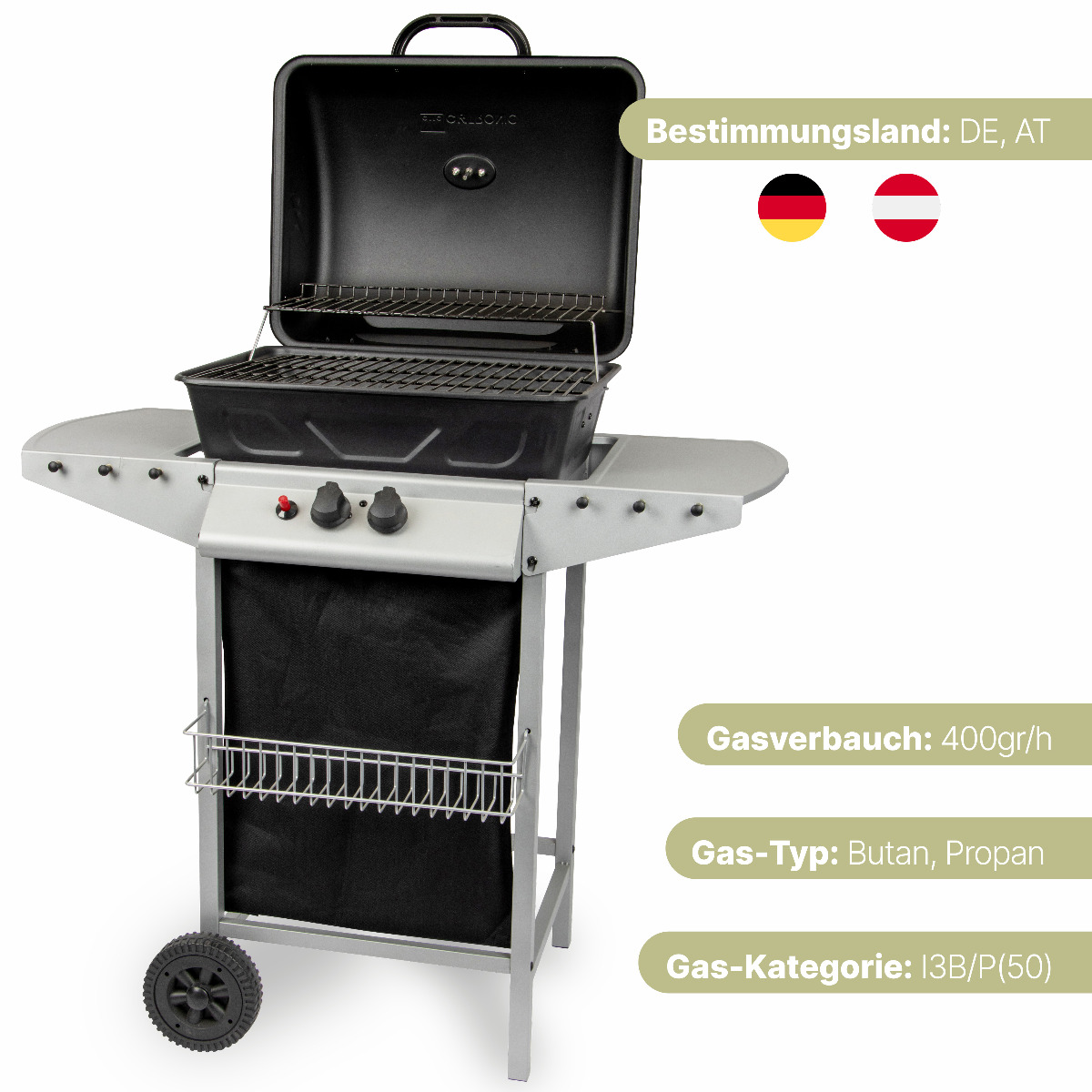 Gasgrill mit offenem Deckel, schwarzem Kochbereich und Beistelltisch. Inklusive Rädern.