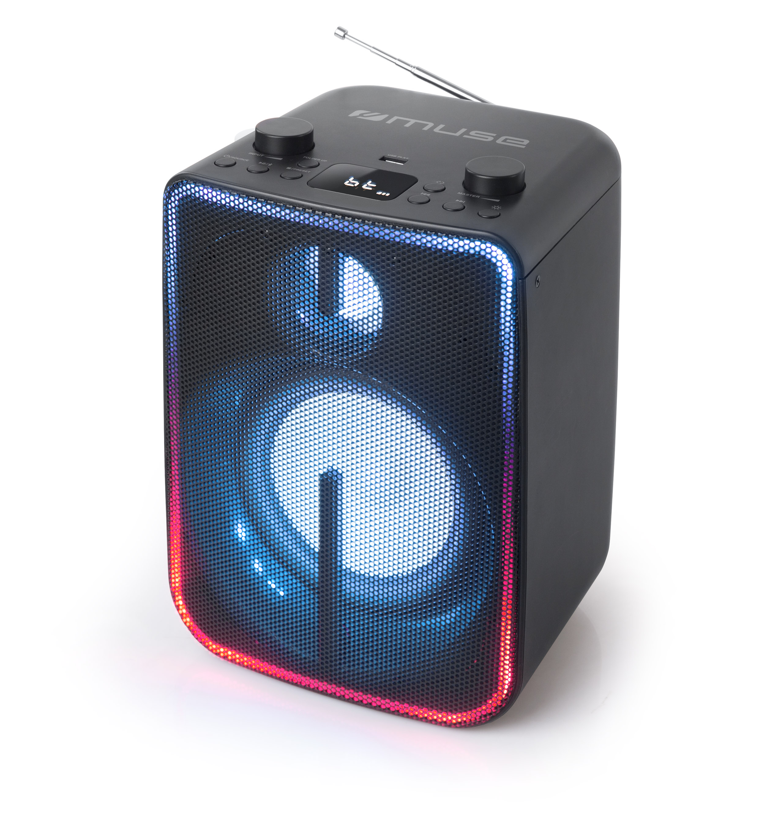 Un altoparlante nero con un frontale a rete, che si illumina con luci blu e rosse. Ha un logo Muse e un'antenna.