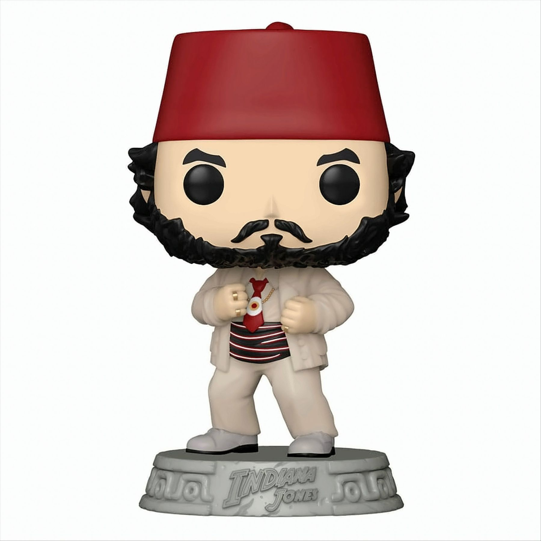 Indiana Jones Funko Pop-Figur. Mann mit rotem Hut und Bart. Weißer Hintergrund.