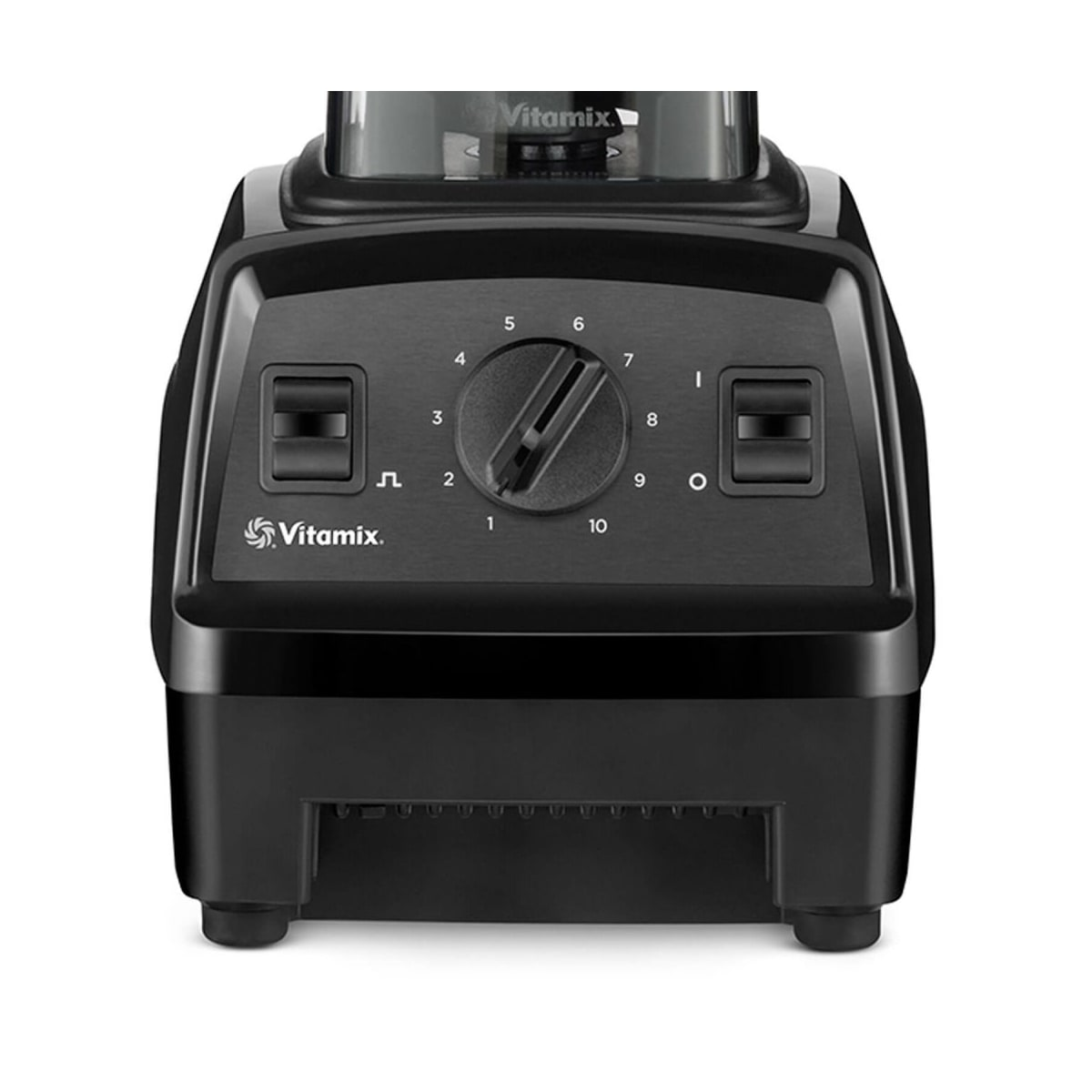 Ein schwarzer Vitamix-Mixer mit einem Bedienfeld, das Geschwindigkeitseinstellungen von 1 bis 10 anzeigt, auf weißem Hintergrund.